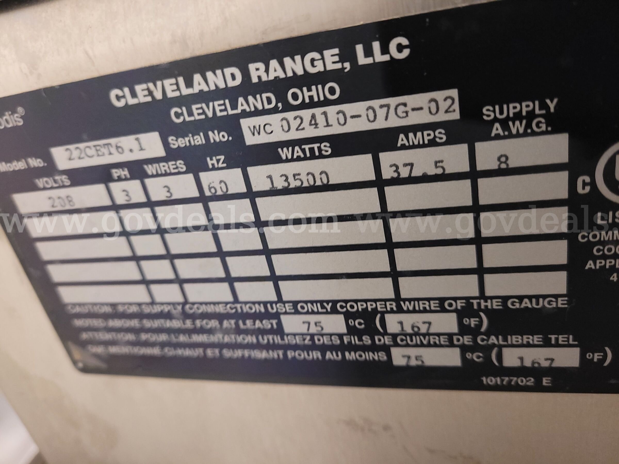 Cleveland SteamChef 22CET6.1 Commercial Countertop Electric Steamer w/ Stand Cleveland SteamChef 22CET6.1 Government Surplus Auction - Photo #6