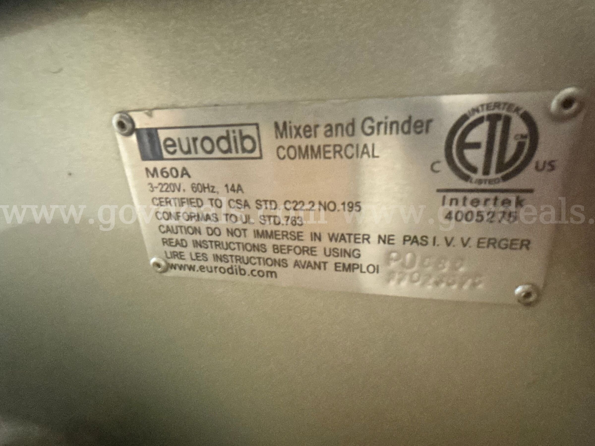 Eurodib M60A Commercial Mixer & Grinder (3-Phase, Untested)   Government Surplus Auction - Photo #6