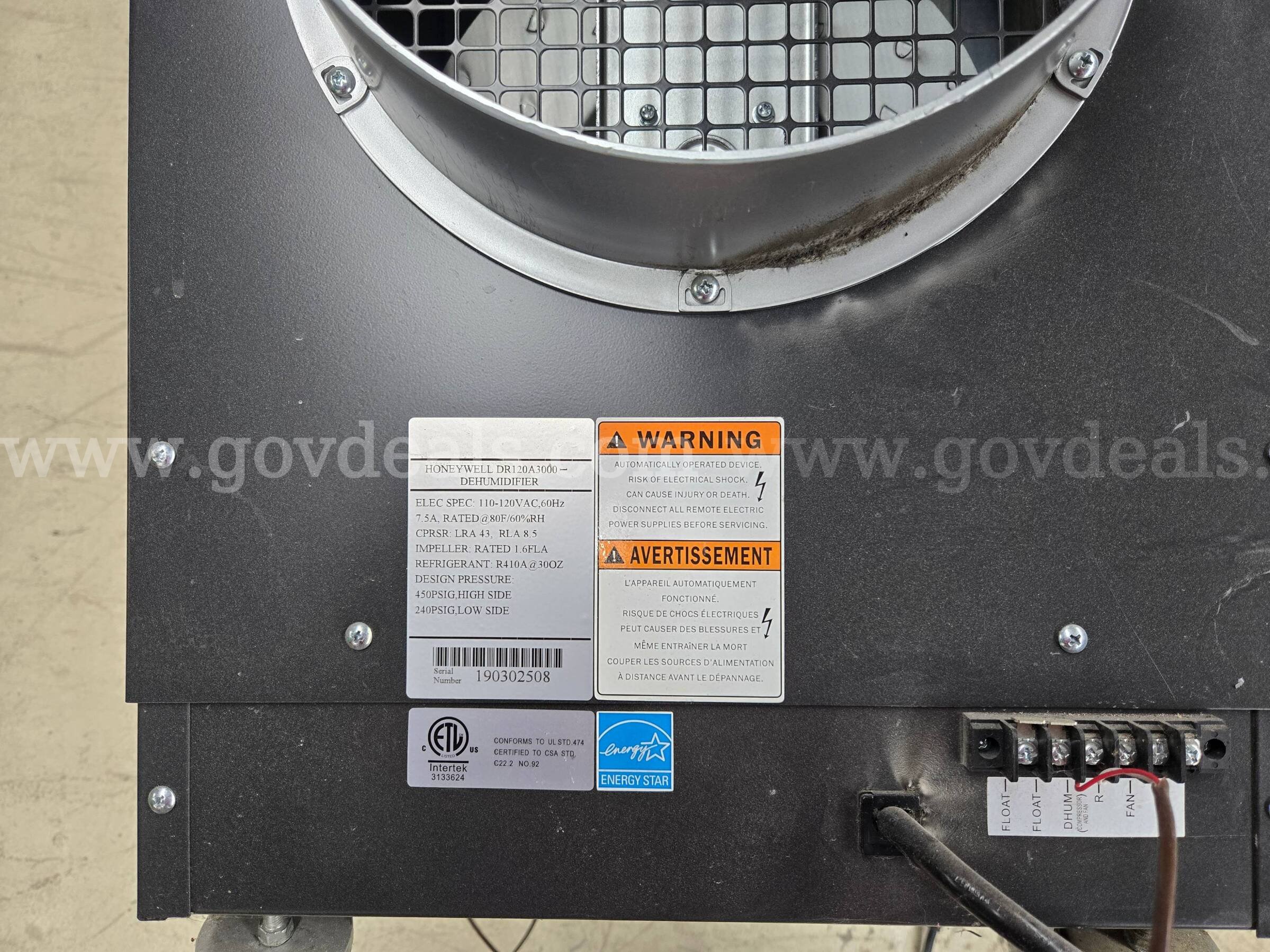 Honeywell DR120A3000 Dehumidifier Honeywell DR120A3000 Government Surplus Auction - Photo #5