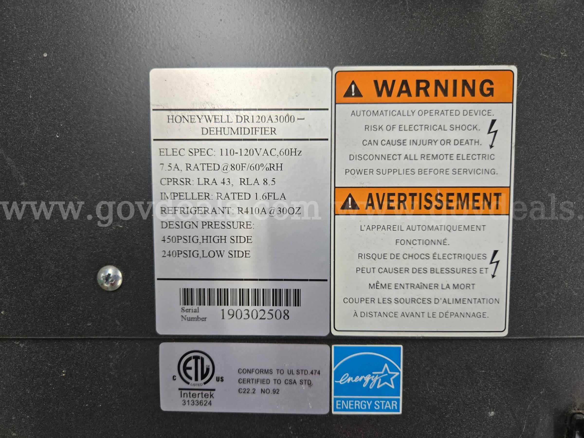 Honeywell DR120A3000 Dehumidifier Honeywell DR120A3000 Government Surplus Auction - Photo #6