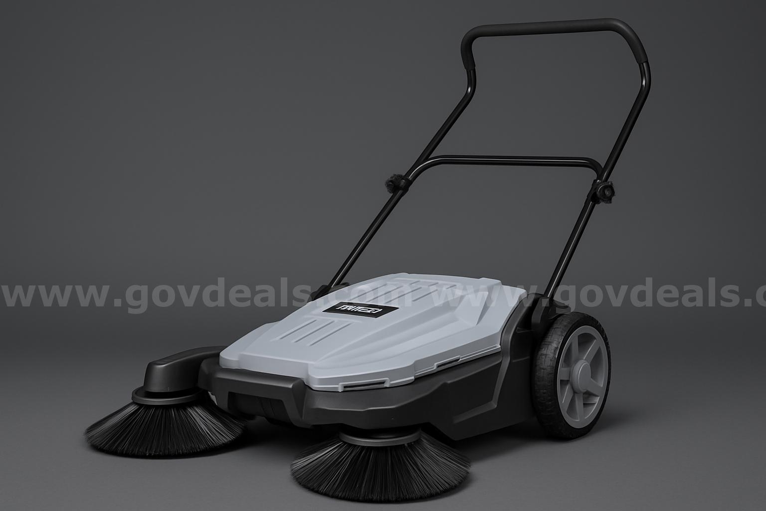 FREE SHIPPING - Factory Sealed - Walk-Behind Outdoor Floor Sweeper, 5.25 Gal Bin, 25.5" Width, Manual Push, Grey   Government Surplus Auction - Primary Photo