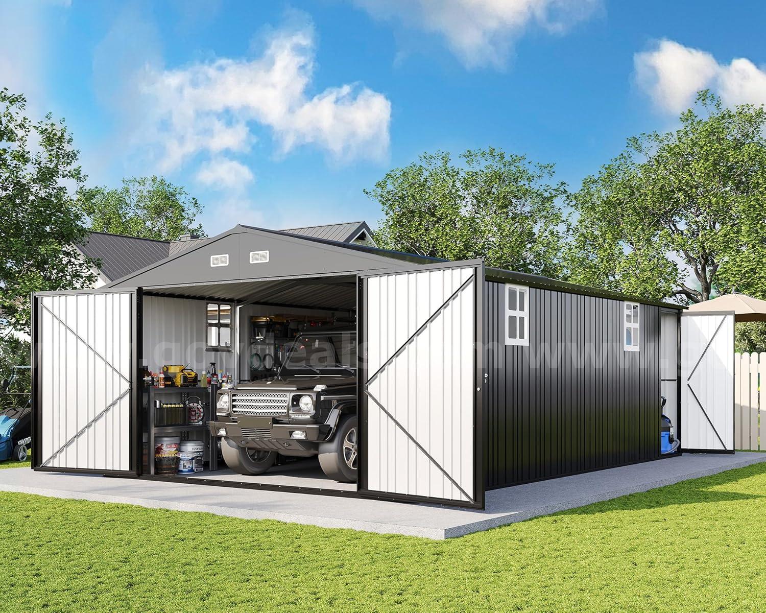 FREE SHIPPING - NEW - 13x21x8.4 FT Extra-Large Metal Garage Shed With Doors & Windows – Dark Gray   Government Surplus Auction - Primary Photo