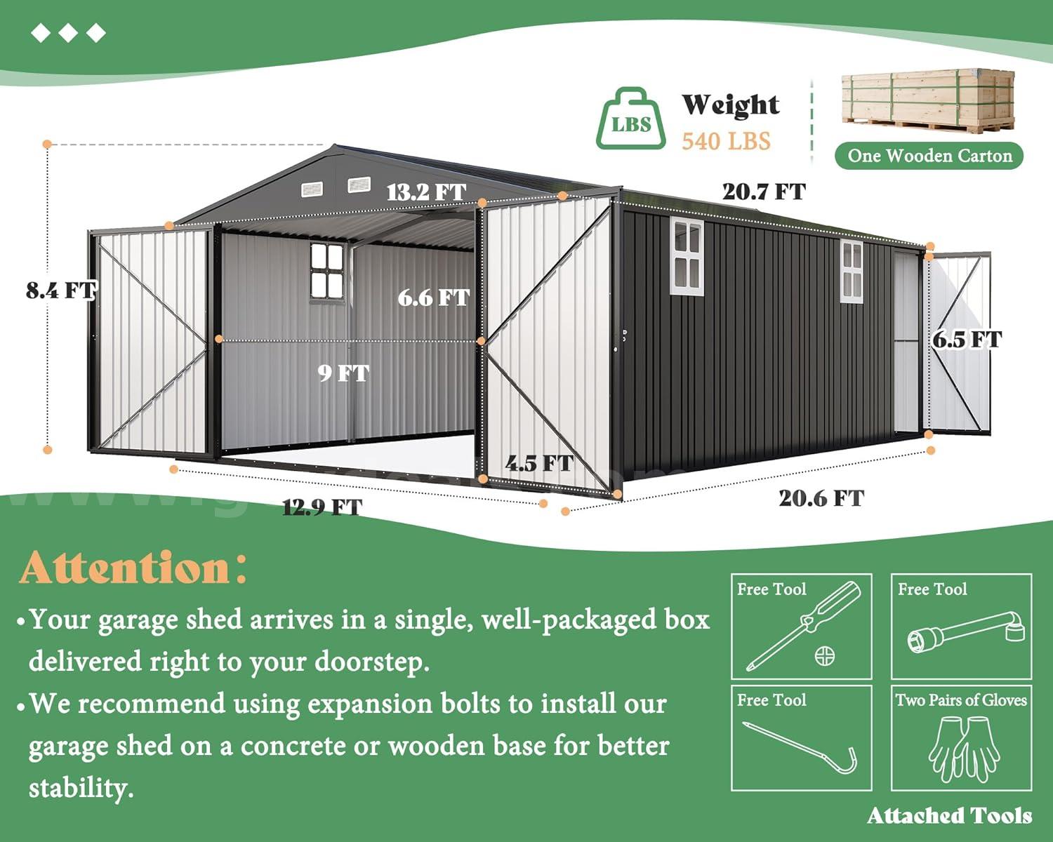 FREE SHIPPING - NEW - 13x21x8.4 FT Extra-Large Metal Garage Shed With Doors & Windows – Dark Gray   Government Surplus Auction - Photo #4