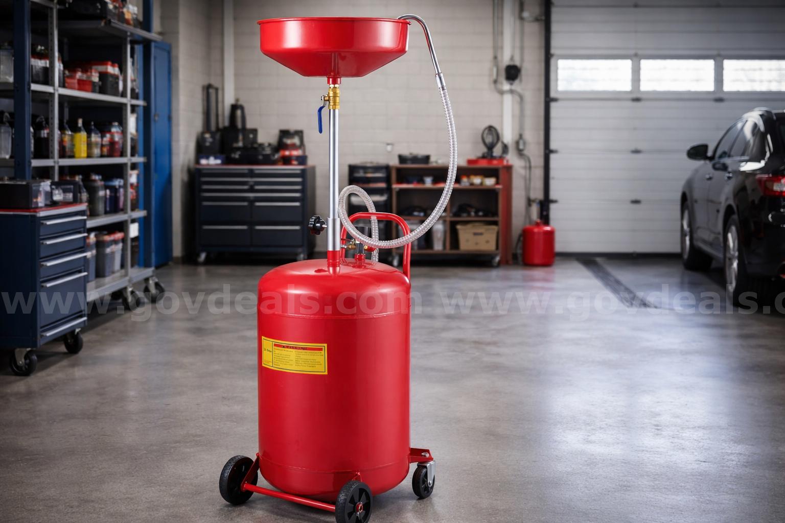 SHIPS FOR FREE Heavy-Duty 20 Gallon Air Operated Waste Oil Drain Tank w/ Adjustable Funnel   Government Surplus Auction - Primary Photo