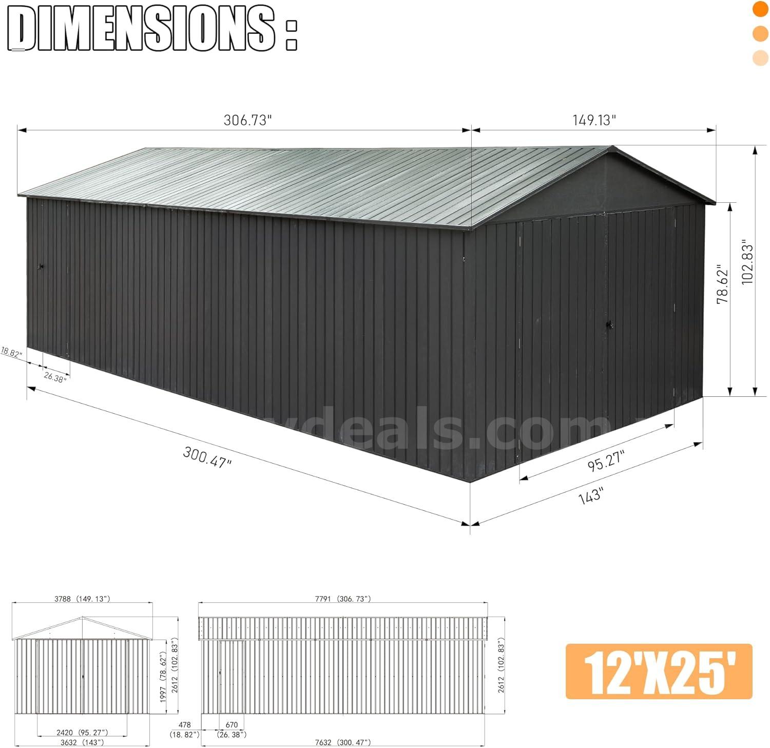 FREE SHIPPING - 2025 NEW 12x25FT Metal Garage Shed Carport w/ Doors – Free Freight   Government Surplus Auction - Photo #3