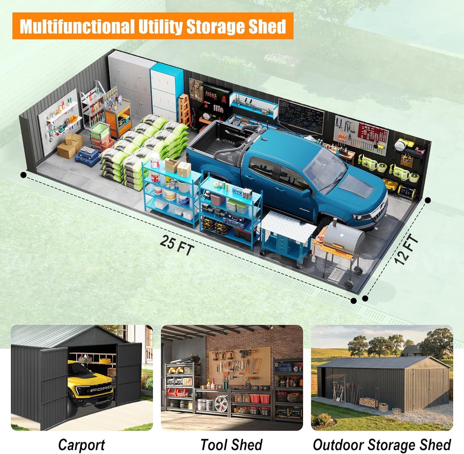 FREE SHIPPING - 2025 NEW 12x25FT Metal Garage Shed Carport w/ Doors – Free Freight   Government Surplus Auction - Photo #4