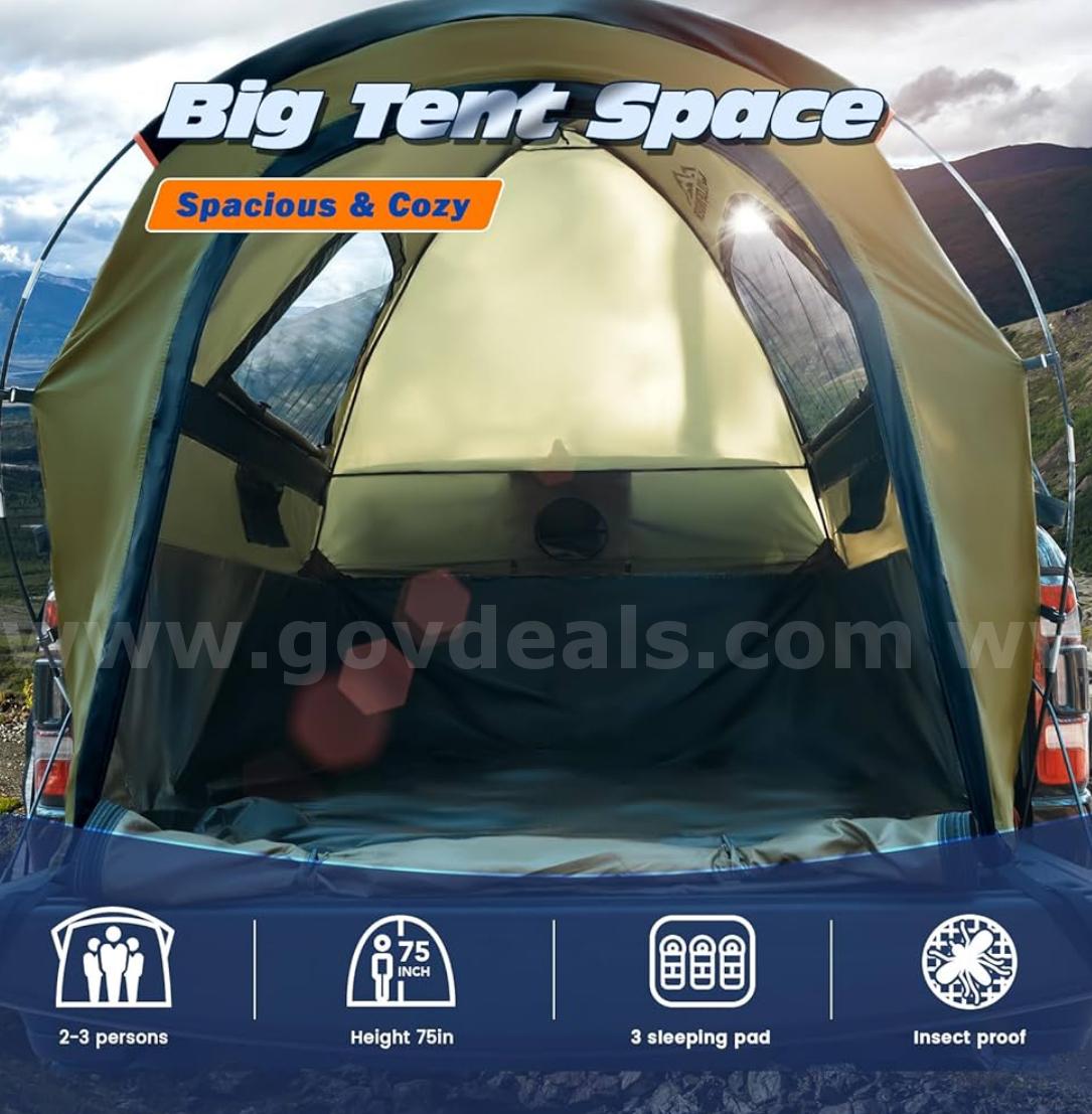 FREE SHIPPING - Factory Sealed: Waterproof Truck Bed Tent for Camping – Fits 5.5–6ft Beds – 2–3 Person Tent with Windows   Government Surplus Auction - Photo #2