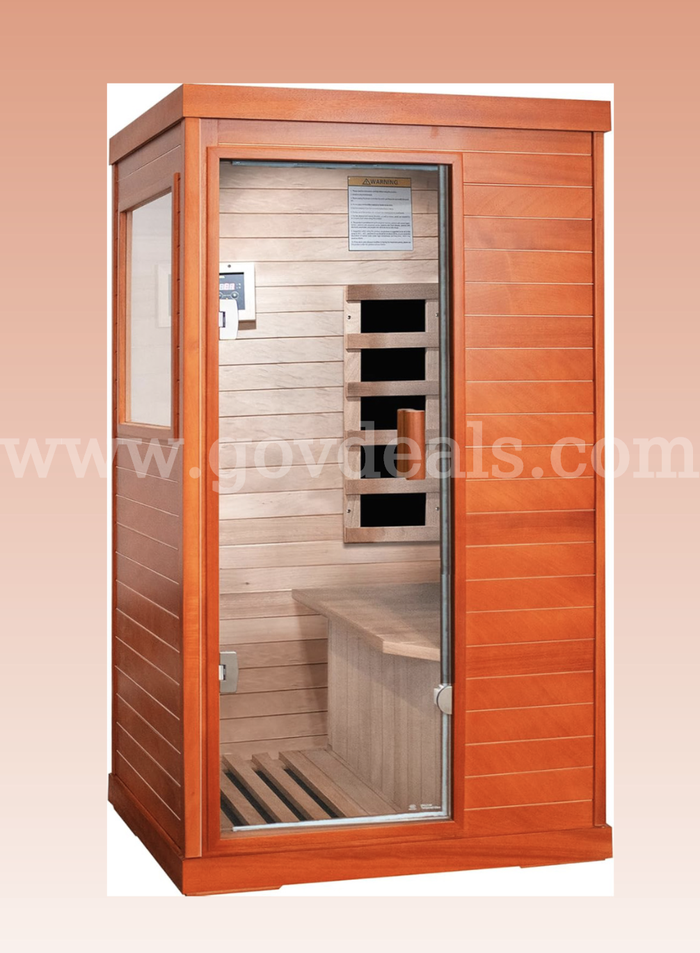 Factory Sealed – FREE Shipping - Infrared 1-Person Home Sauna, 800W, Okoume Wood, LED, Speakers, Glass Door  800W Government Surplus Auction - Primary Photo