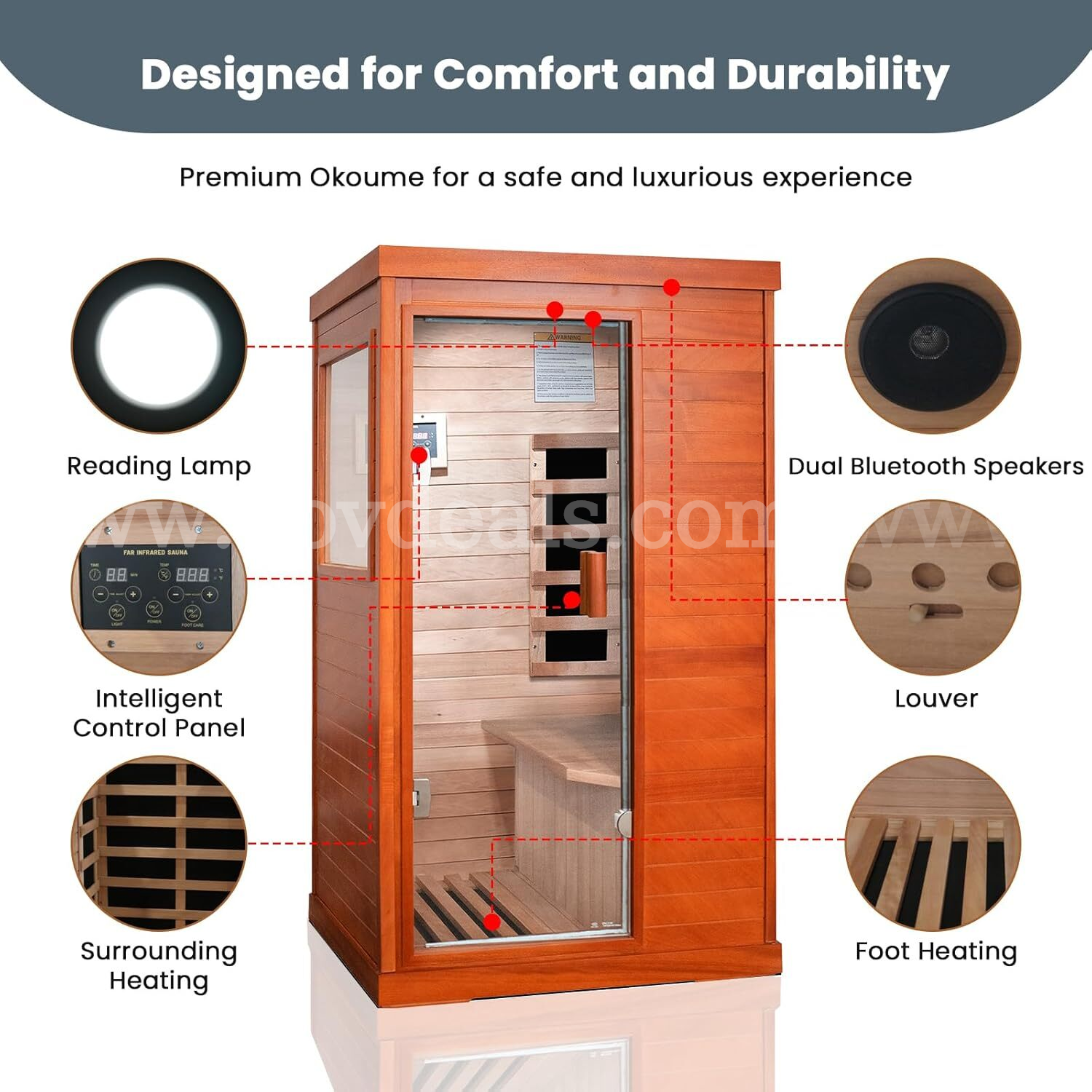 Factory Sealed – FREE Shipping - Infrared 1-Person Home Sauna, 800W, Okoume Wood, LED, Speakers, Glass Door  800W Government Surplus Auction - Photo #3