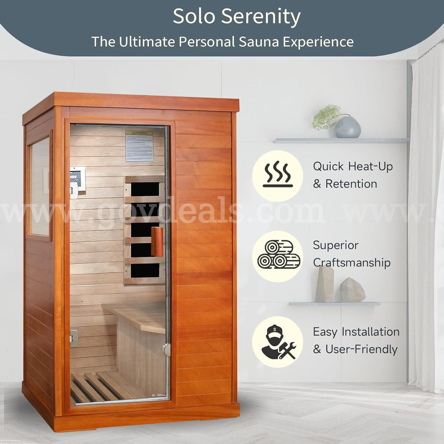 Factory Sealed – FREE Shipping - Infrared 1-Person Home Sauna, 800W, Okoume Wood, LED, Speakers, Glass Door  800W Government Surplus Auction - Photo #4