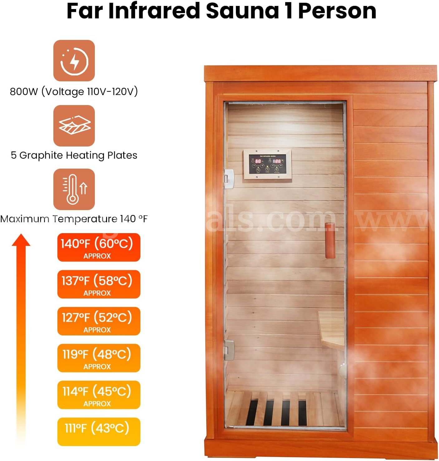 Factory Sealed – FREE Shipping - Infrared 1-Person Home Sauna, 800W, Okoume Wood, LED, Speakers, Glass Door  800W Government Surplus Auction - Photo #5