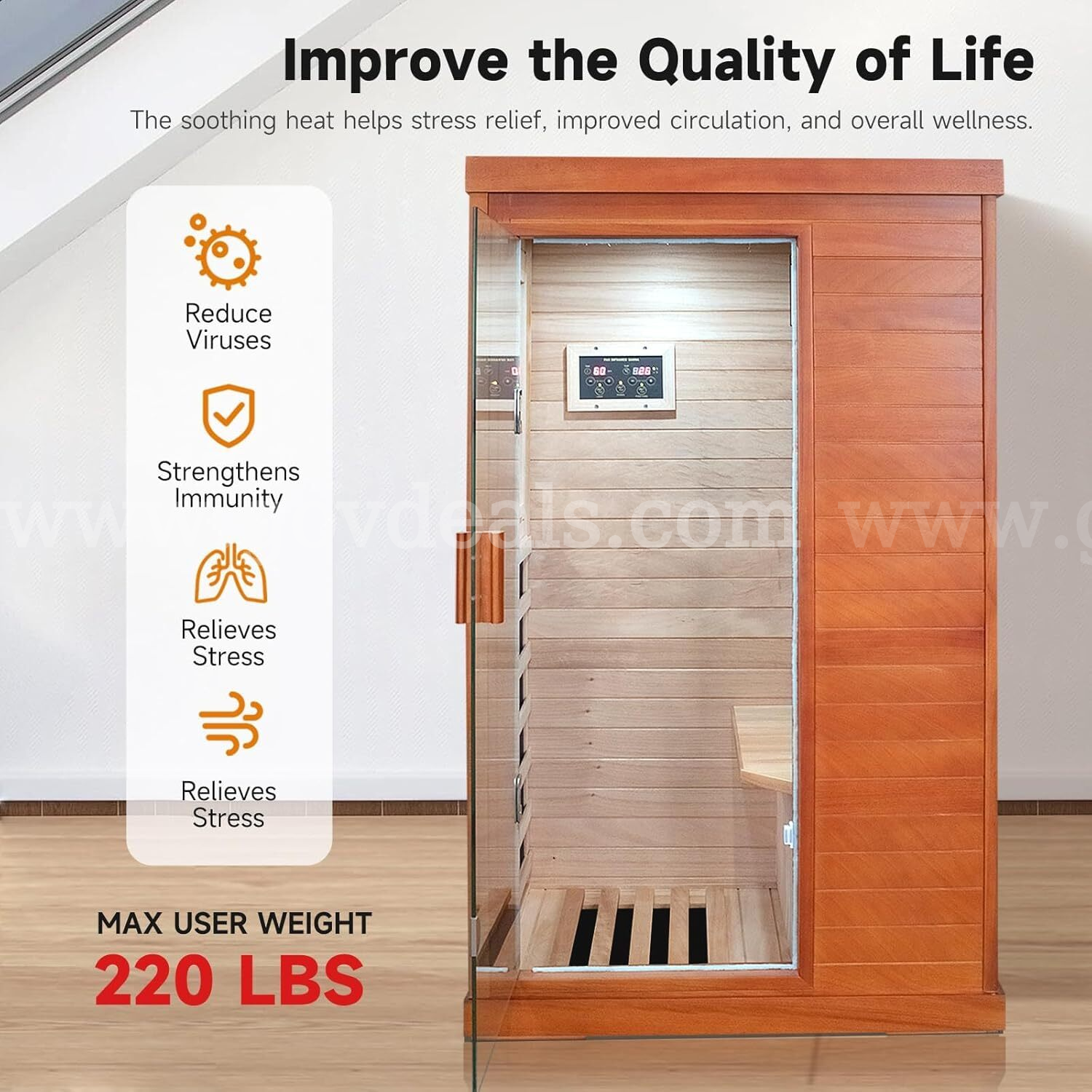 Factory Sealed – FREE Shipping - Infrared 1-Person Home Sauna, 800W, Okoume Wood, LED, Speakers, Glass Door  800W Government Surplus Auction - Photo #6