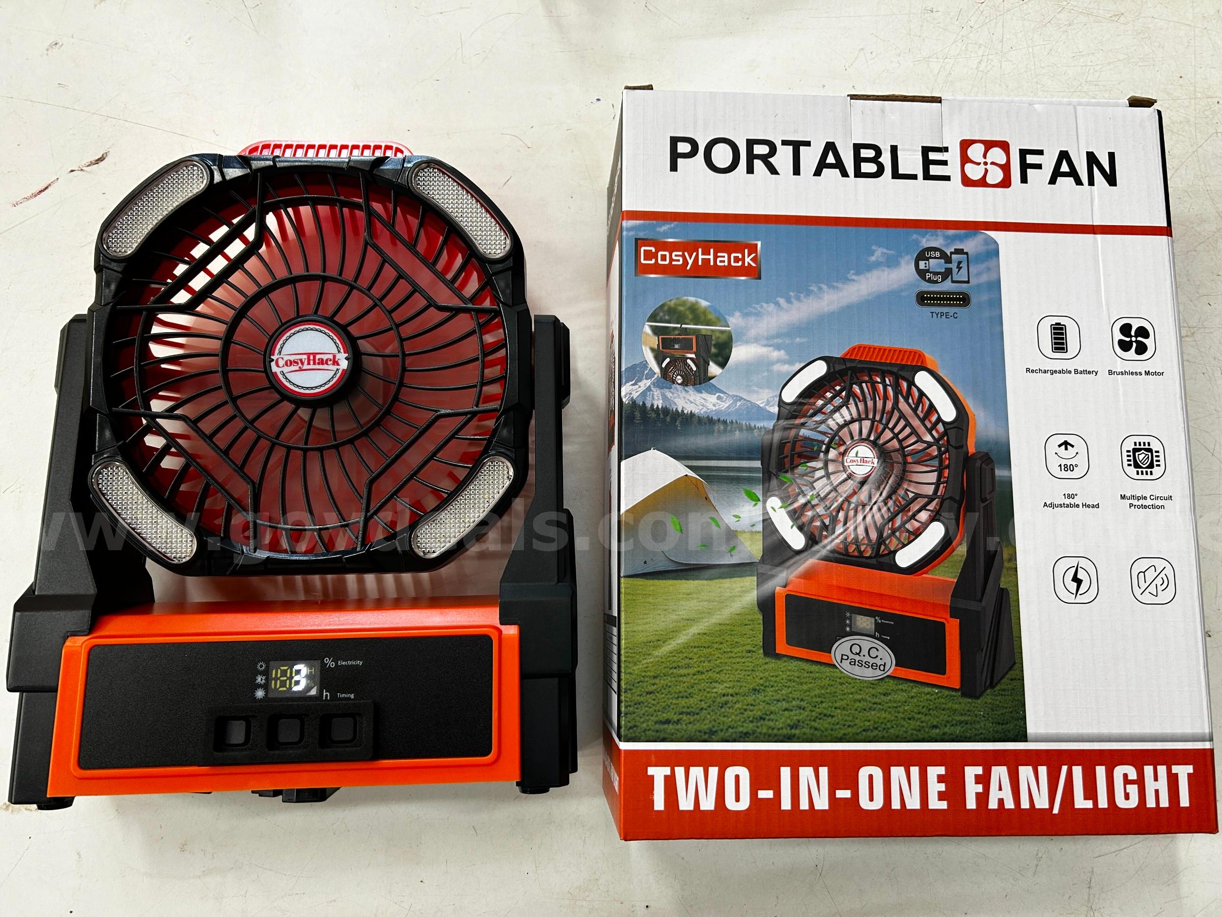 FREE SHIPPING - Factory Sealed Rechargeable Camping Fan with LED Light & Power Bank – 4-Speed Battery Operated Work Fan   Government Surplus Auction - Primary Photo