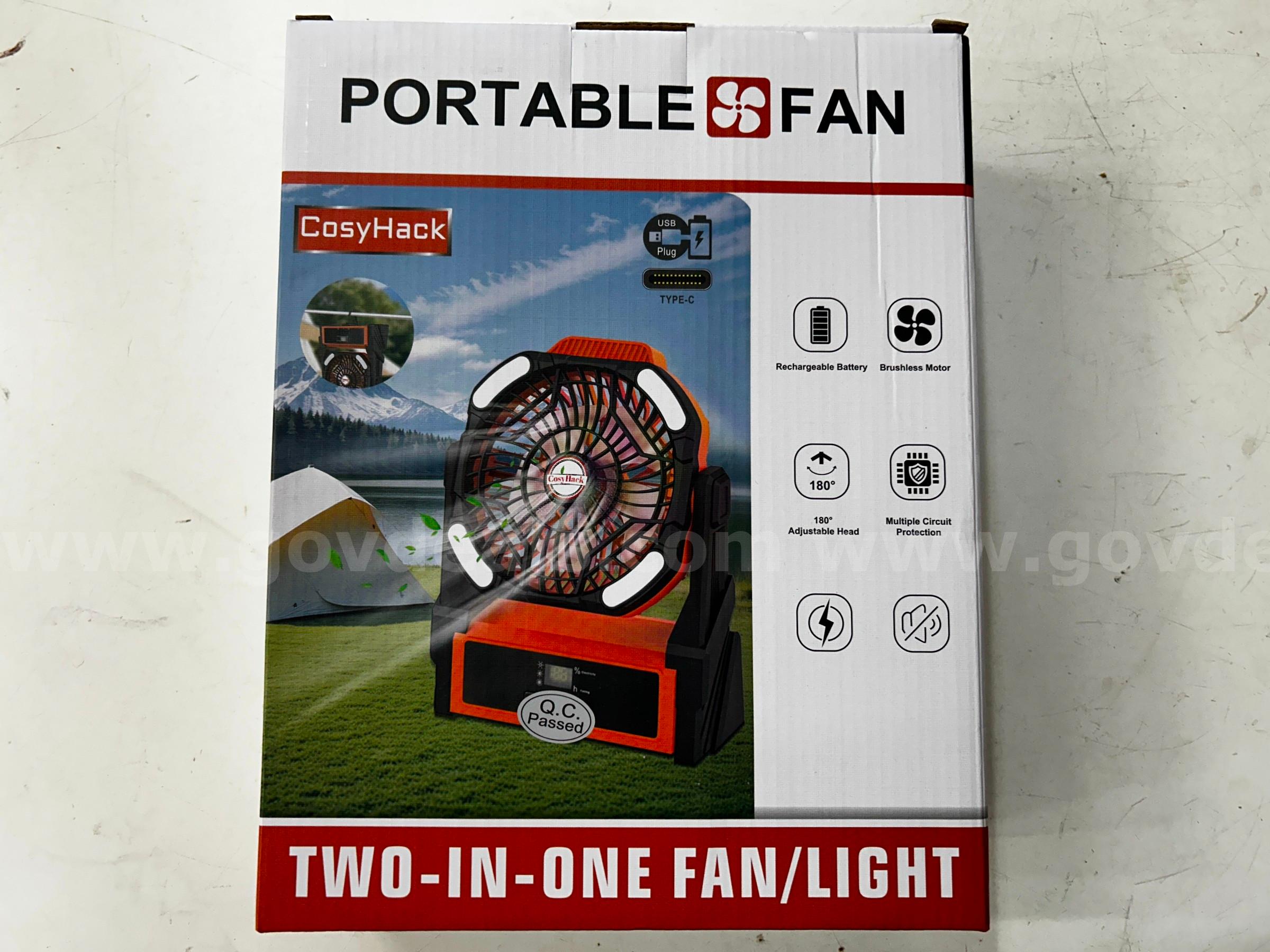 FREE SHIPPING - Factory Sealed Rechargeable Camping Fan with LED Light & Power Bank – 4-Speed Battery Operated Work Fan   Government Surplus Auction - Photo #2