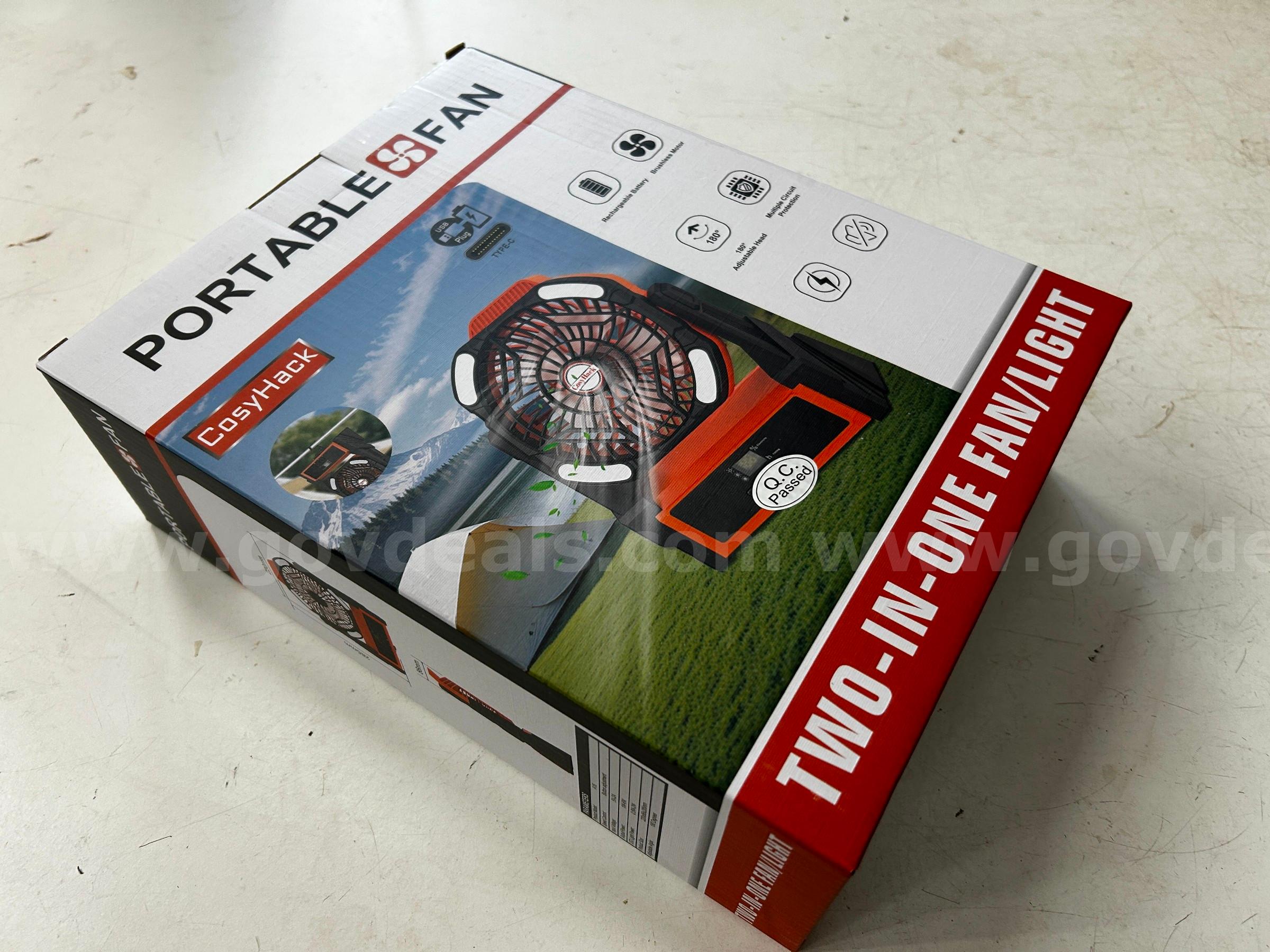 FREE SHIPPING - Factory Sealed Rechargeable Camping Fan with LED Light & Power Bank – 4-Speed Battery Operated Work Fan   Government Surplus Auction - Photo #3