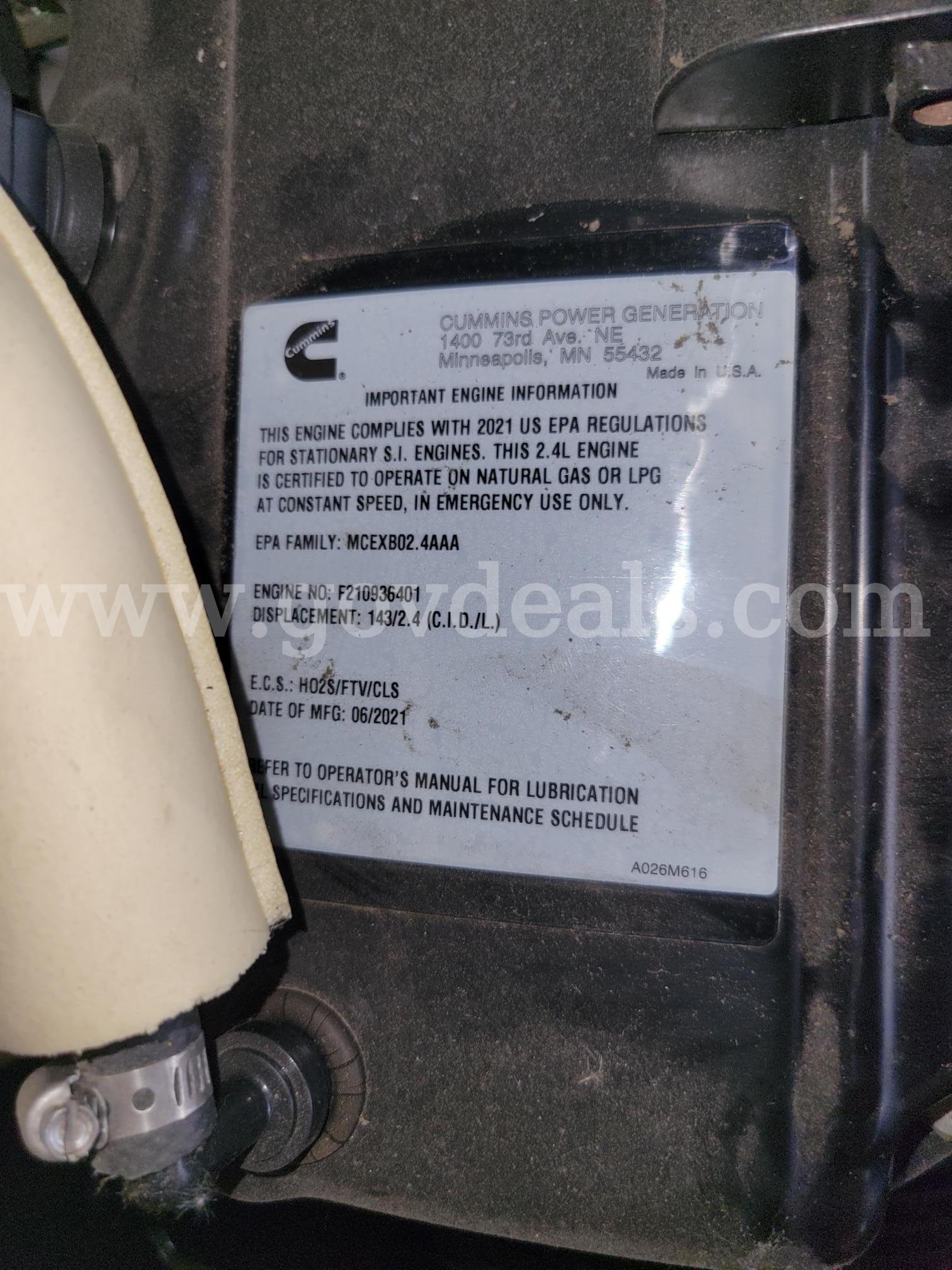 Cummins Natural Gas Generator Model C20N6-FRD Cummins C20N6-FRD Government Surplus Auction - Photo #5