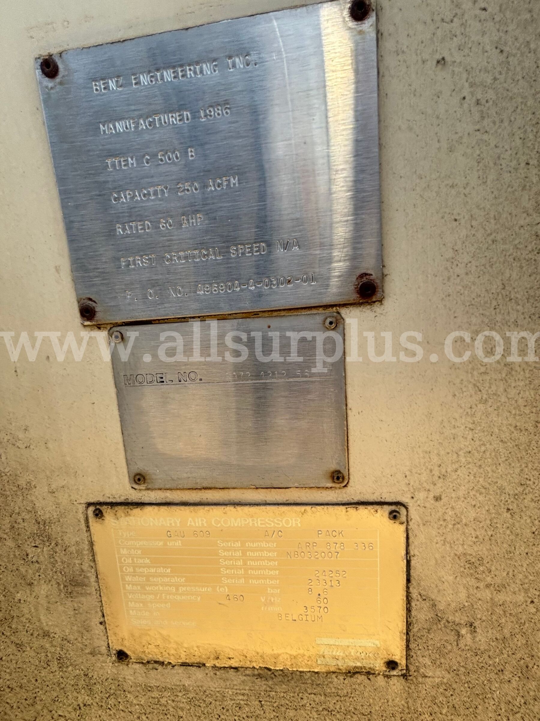 Compressor, Benz Engineering, 8972-4212-53, 460V, Qty 1 Benz Engineering 8972 Government Surplus Auction - Photo #2