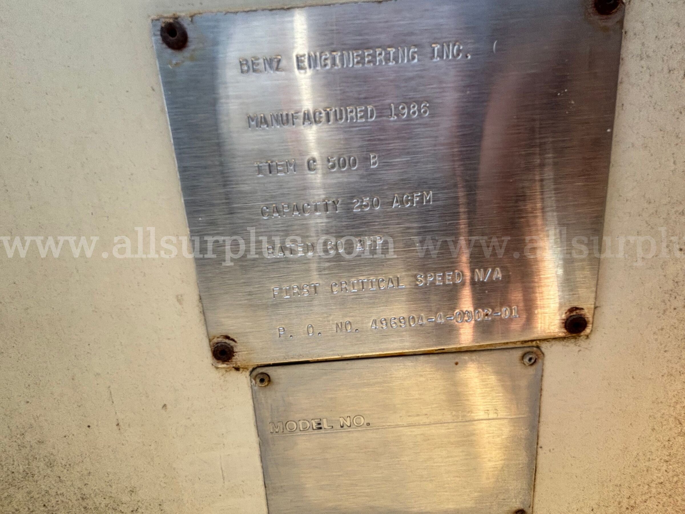 Compressor, Benz Engineering, 8972-4212-53, 460V, Qty 1 Benz Engineering 8972 Government Surplus Auction - Photo #4