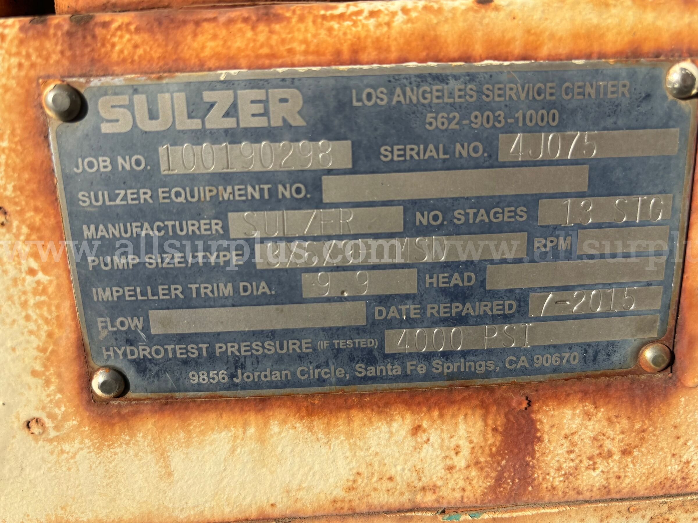 Pump, Sulzer, 13STG, 3X6X9E MSD, 4000PSI, Qty 1 Sulzer 4000PSI Government Surplus Auction - Photo #2