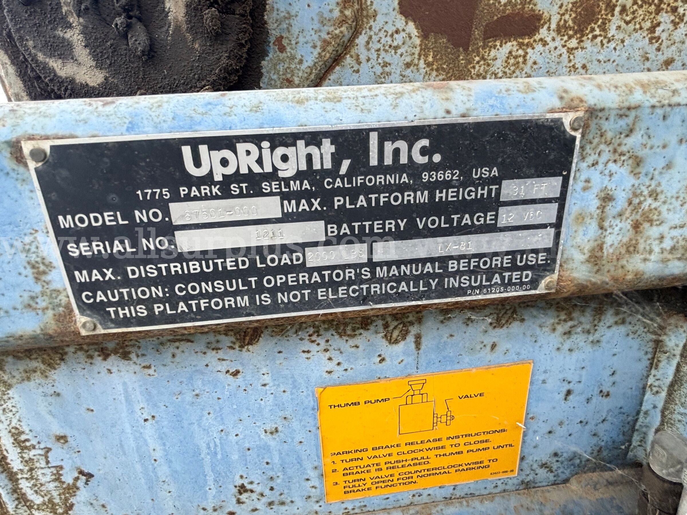 Scissor Lift, UpRight, 67501-000, 31Ft, Qty 1 UpRight 000 Government Surplus Auction - Photo #6