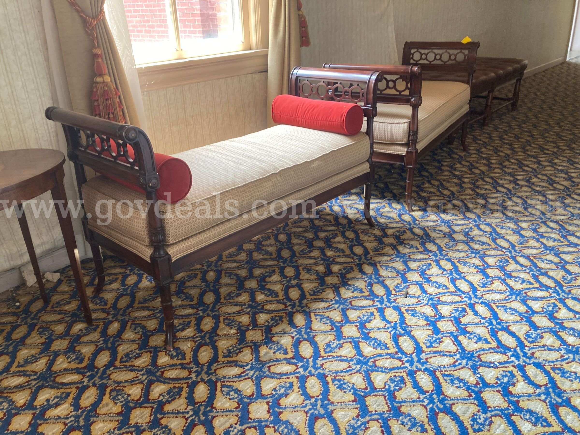 Lot of banquet hall furniture - settees, padded chairs, end tables   Government Surplus Auction - Primary Photo