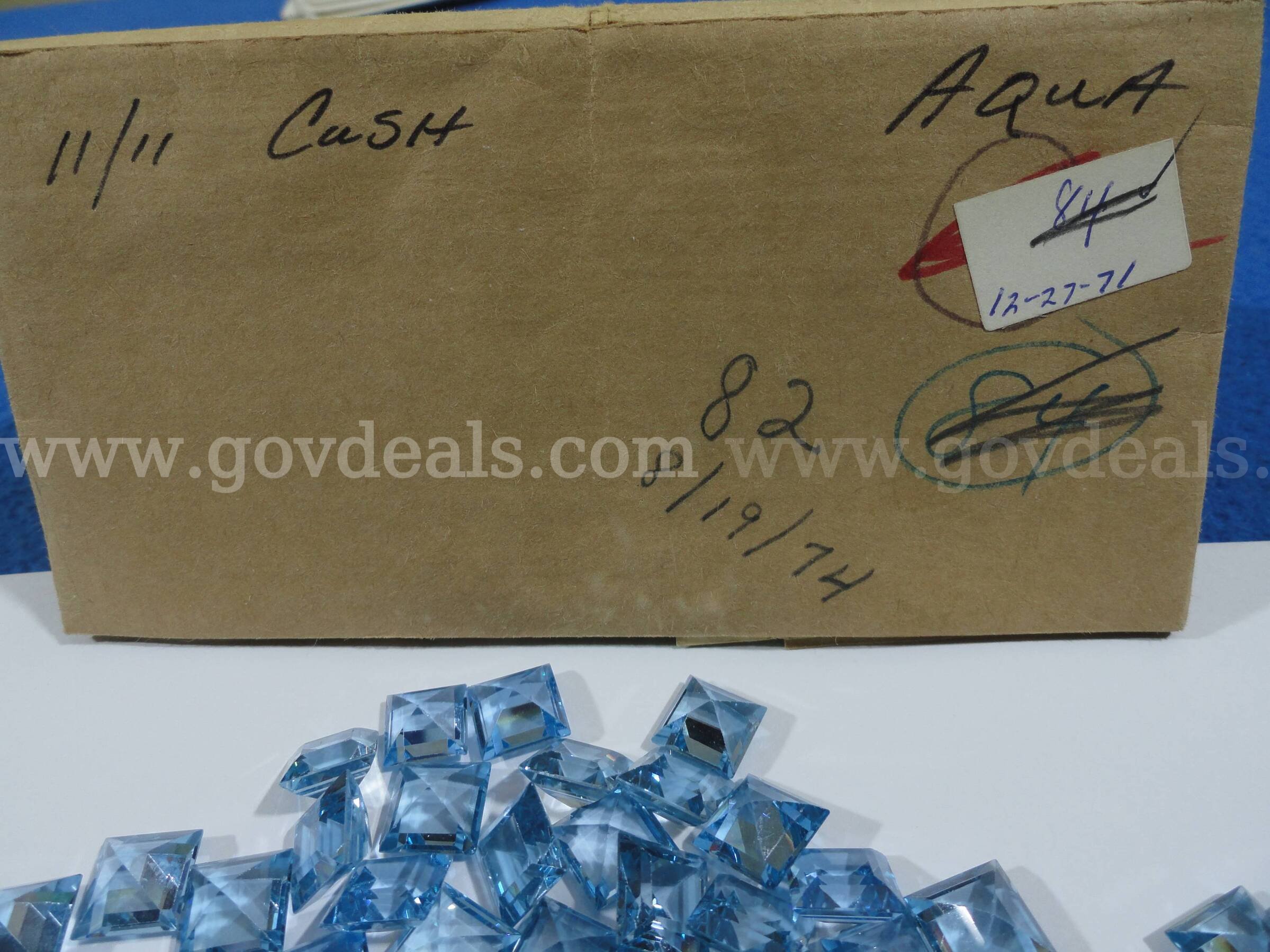 Lot of 84 Vintage 11x11mm Cushion Aqua Stones (1974 Stock)   Government Surplus Auction - Photo #2