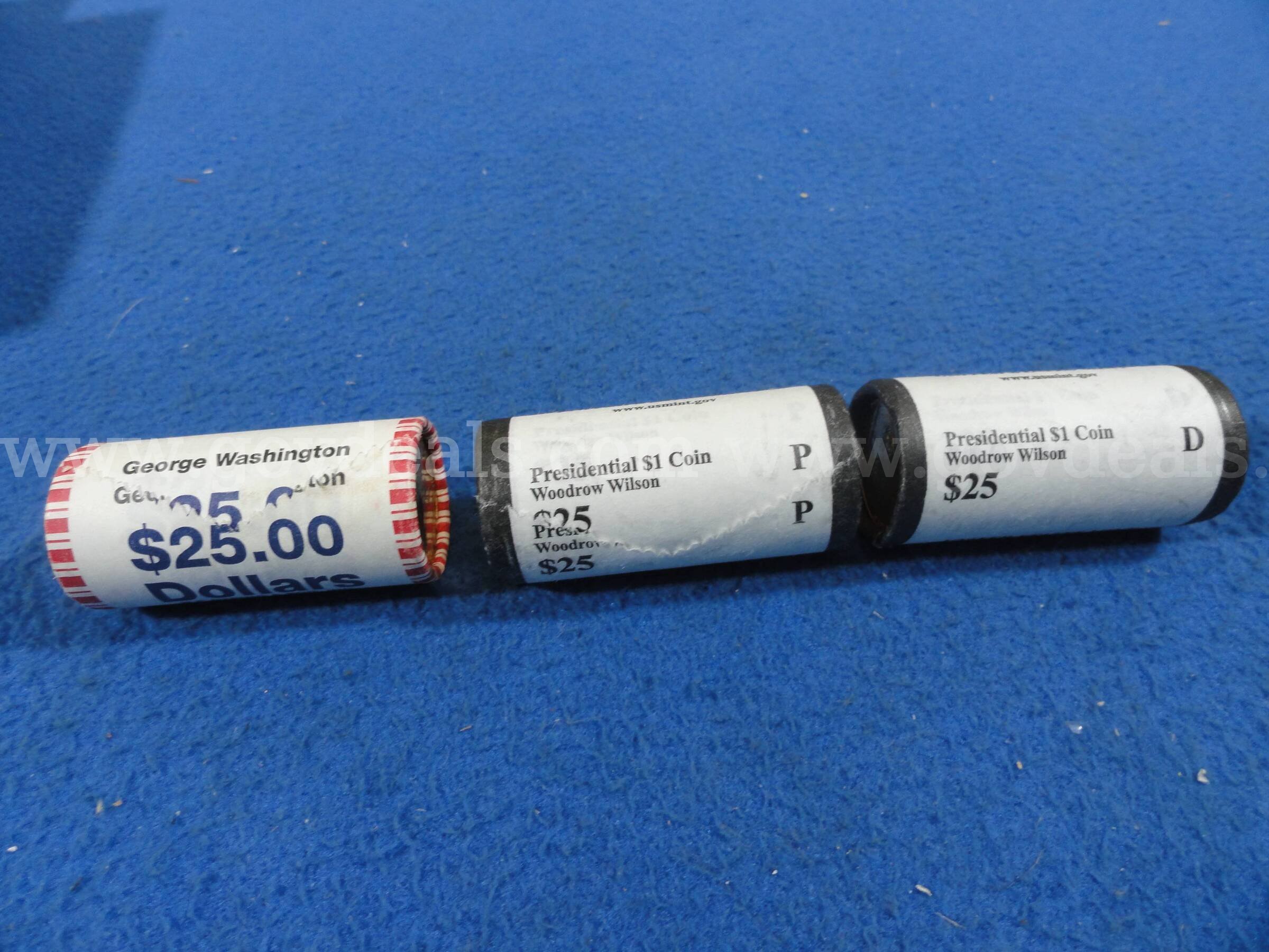 3 Rolls Presidential $1 Coins – Washington + Wilson P & D ($75 Face)   Government Surplus Auction - Primary Photo