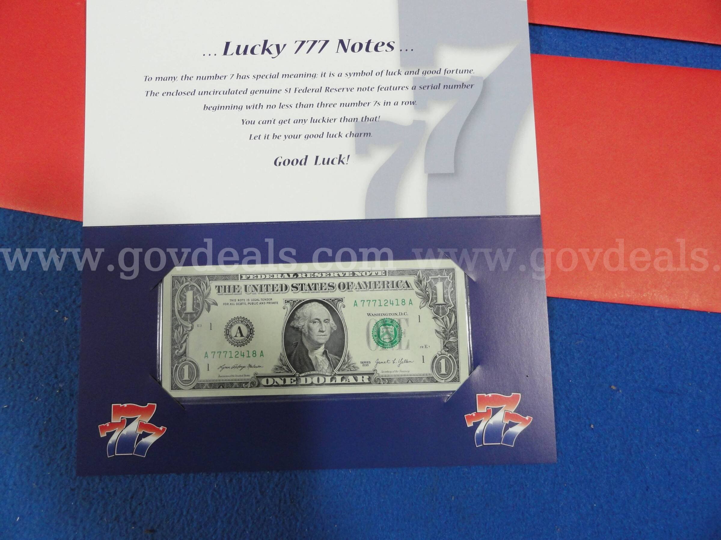 Lot of 7 - $1 Lucky 777 Dollar Notes - Uncirculated - Perfect Gift  777 Government Surplus Auction - Photo #3