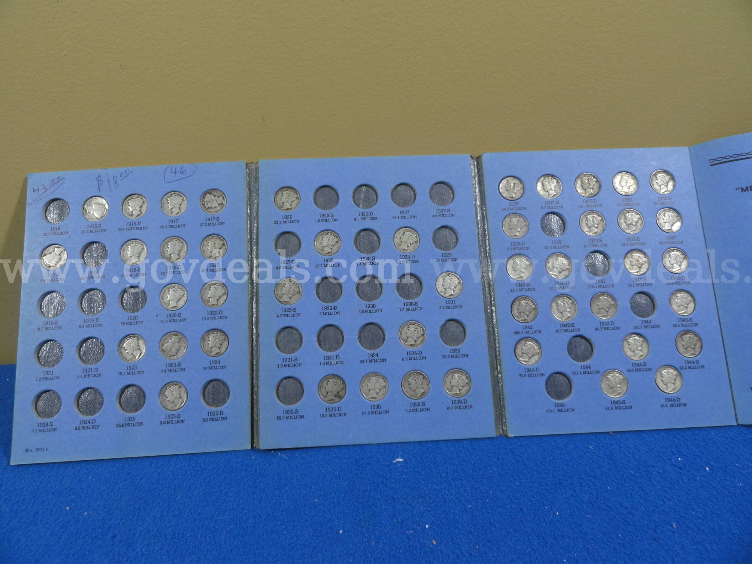 Lot of 46 Silver Mercury Dime Collection 1916-1945 in Original Whitman Album