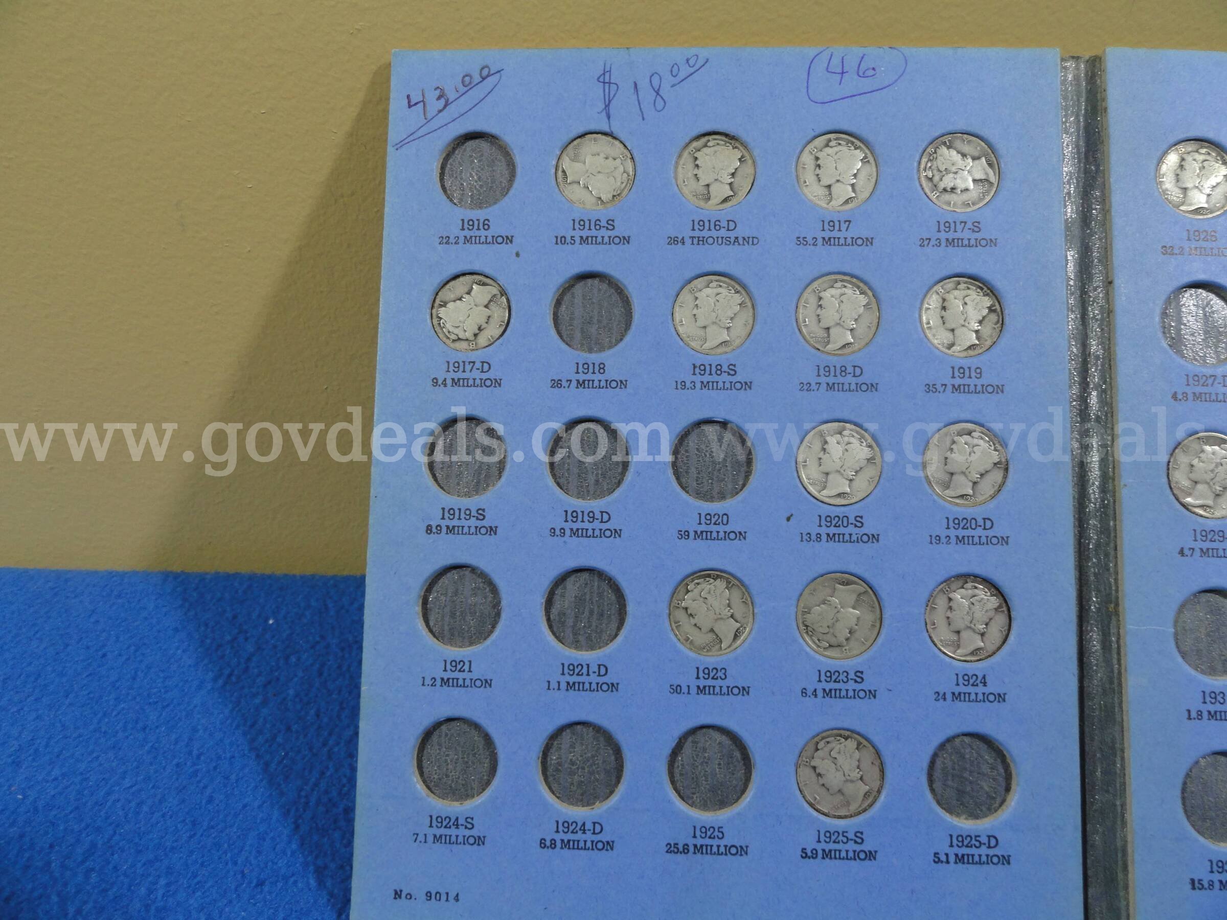 Lot of 46 Silver Mercury Dime Collection 1916-1945 in Original Whitman Album Mercury  Government Surplus Auction - Photo #2