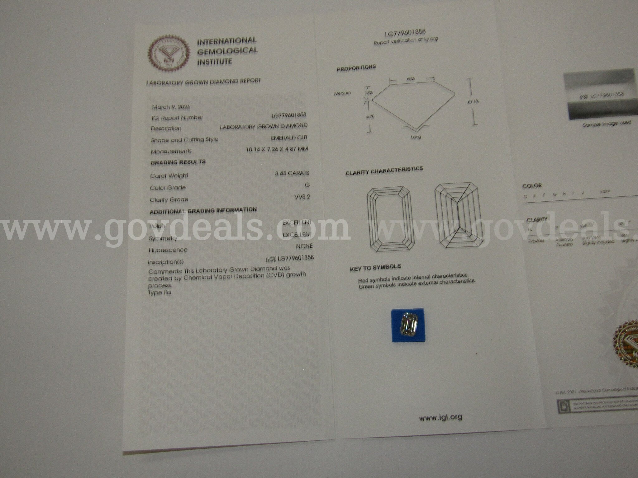 3.43 carat Emerald  Cut Lab Diamond with IGI Report   Government Surplus Auction - Photo #4