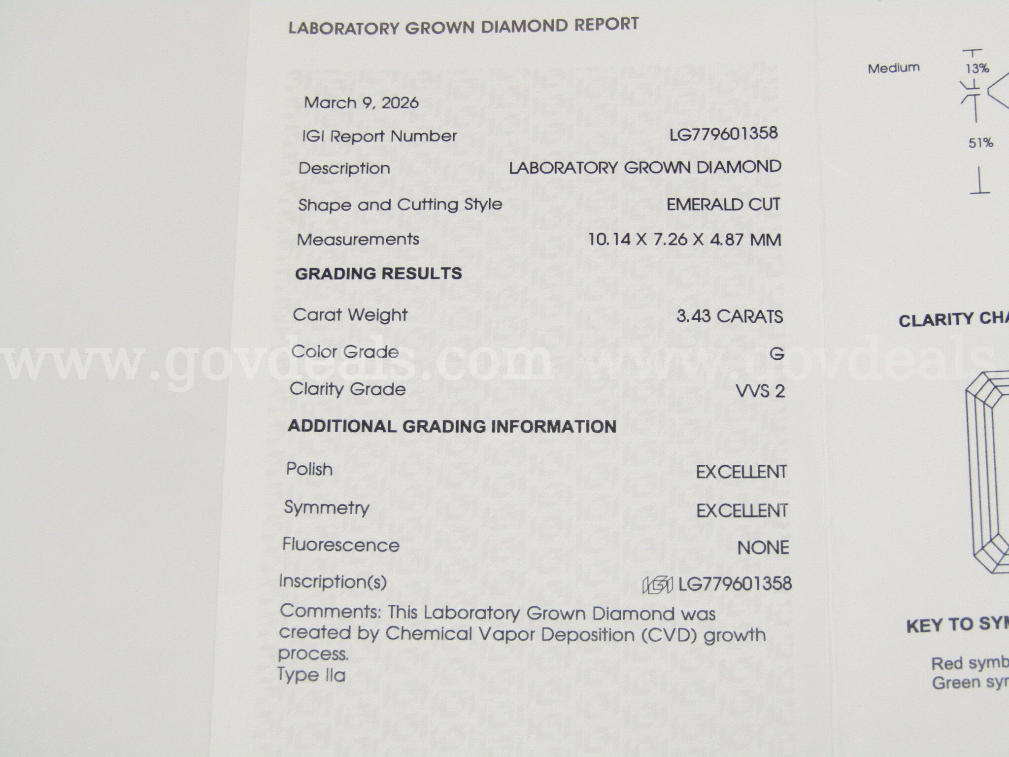 3.43 carat Emerald  Cut Lab Diamond with IGI Report   Government Surplus Auction - Photo #5