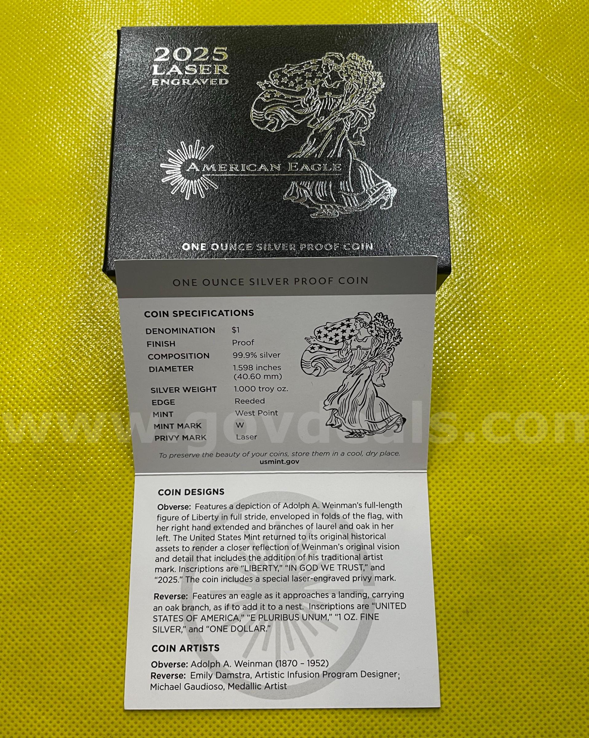 2025 LASER ENGRAVED AMERICAN EAGLE ONE OUNCE SILVER PROOF COIN FREE SHIPPING (USA ONLY) ASE ONE OUNCE PROOF LASER PRIVY MARK Government Surplus Auction - Photo #4