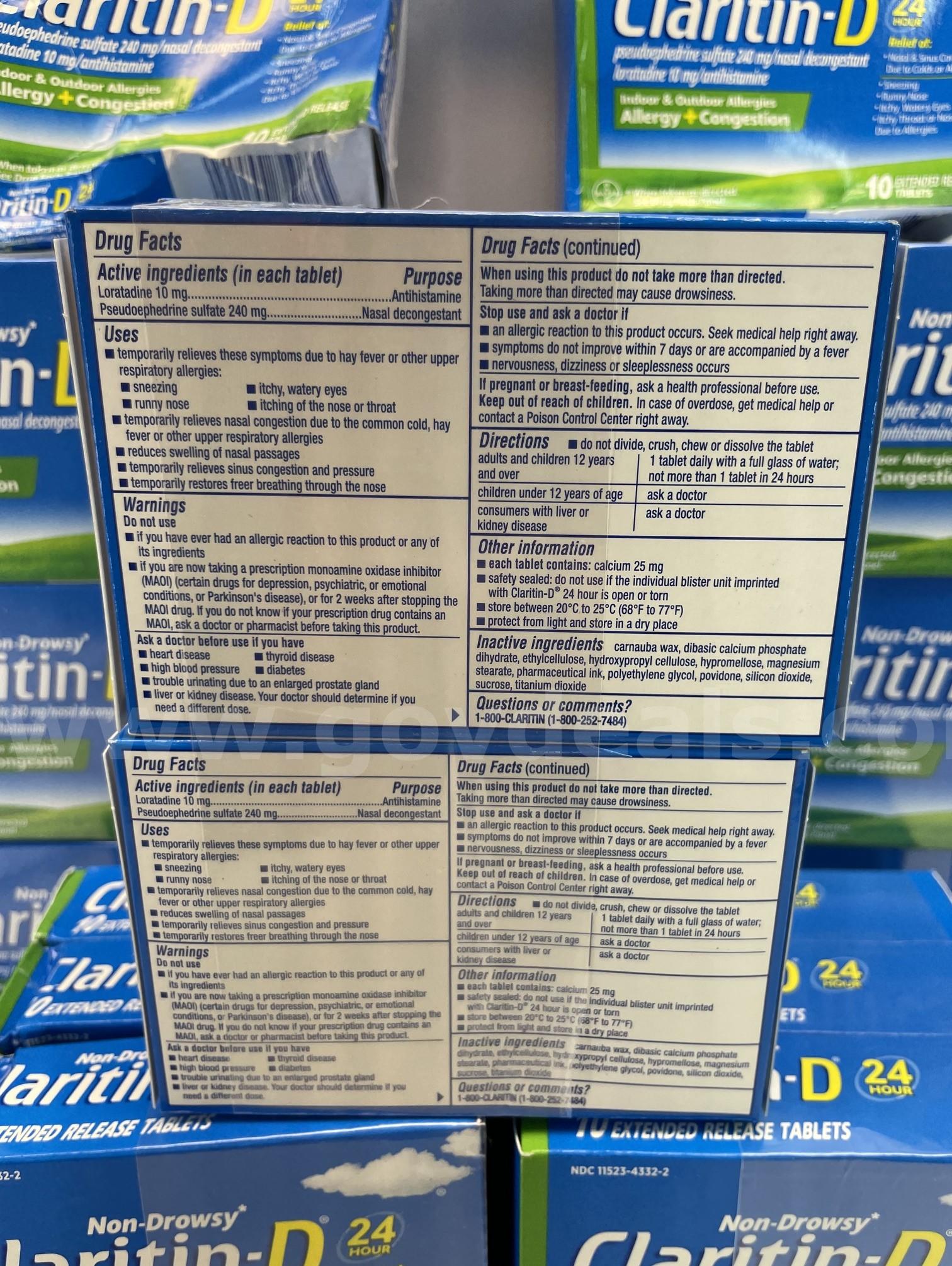 Claritin D 24 Hour Non Drowsy Indoor and Outdoor Allergies Allergy + Congestion 10 Extended Release Tablets/Box   Government Surplus Auction - Photo #6