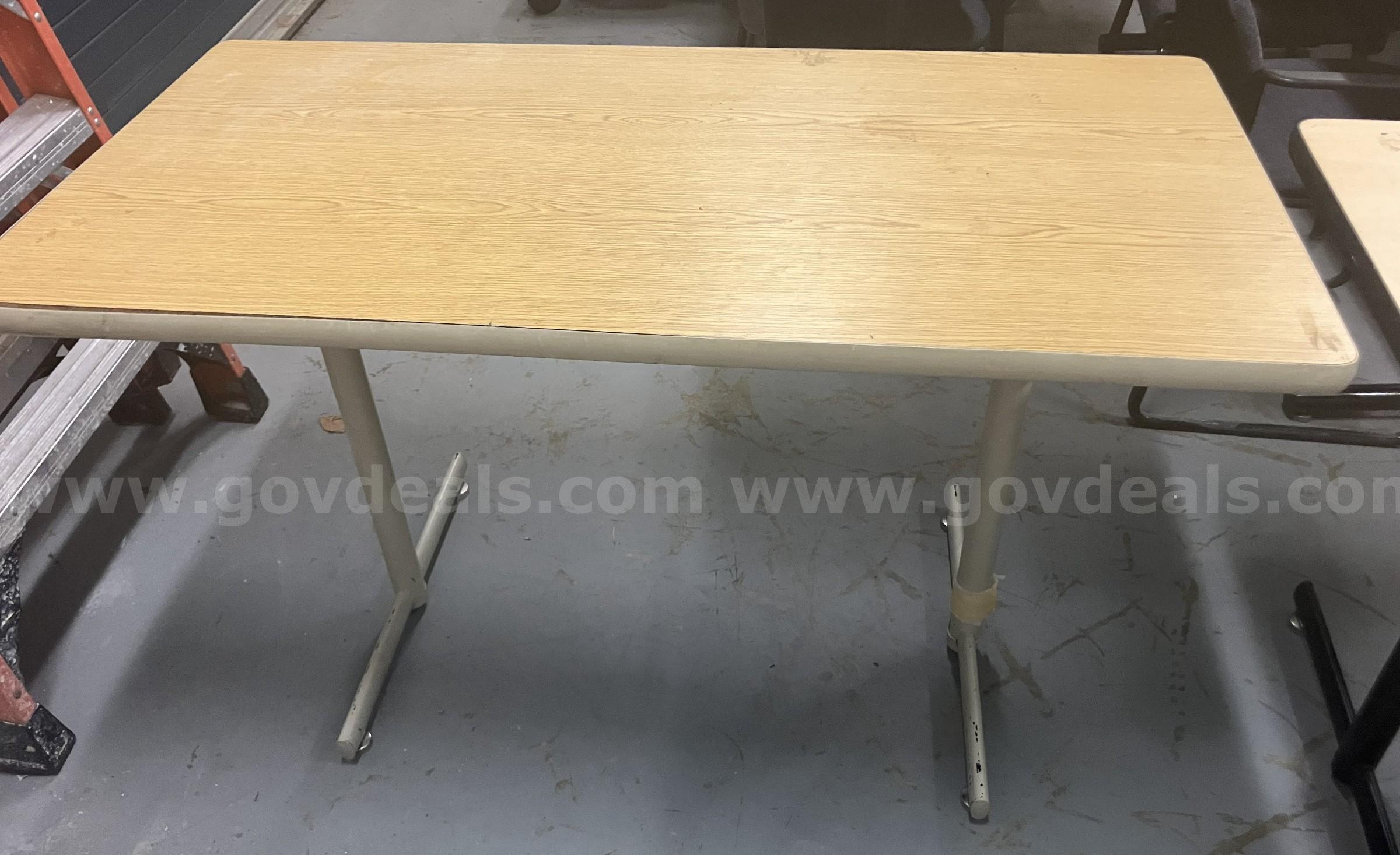 White and brown wood table, used (see photos for condition)   Government Surplus Auction - Primary Photo