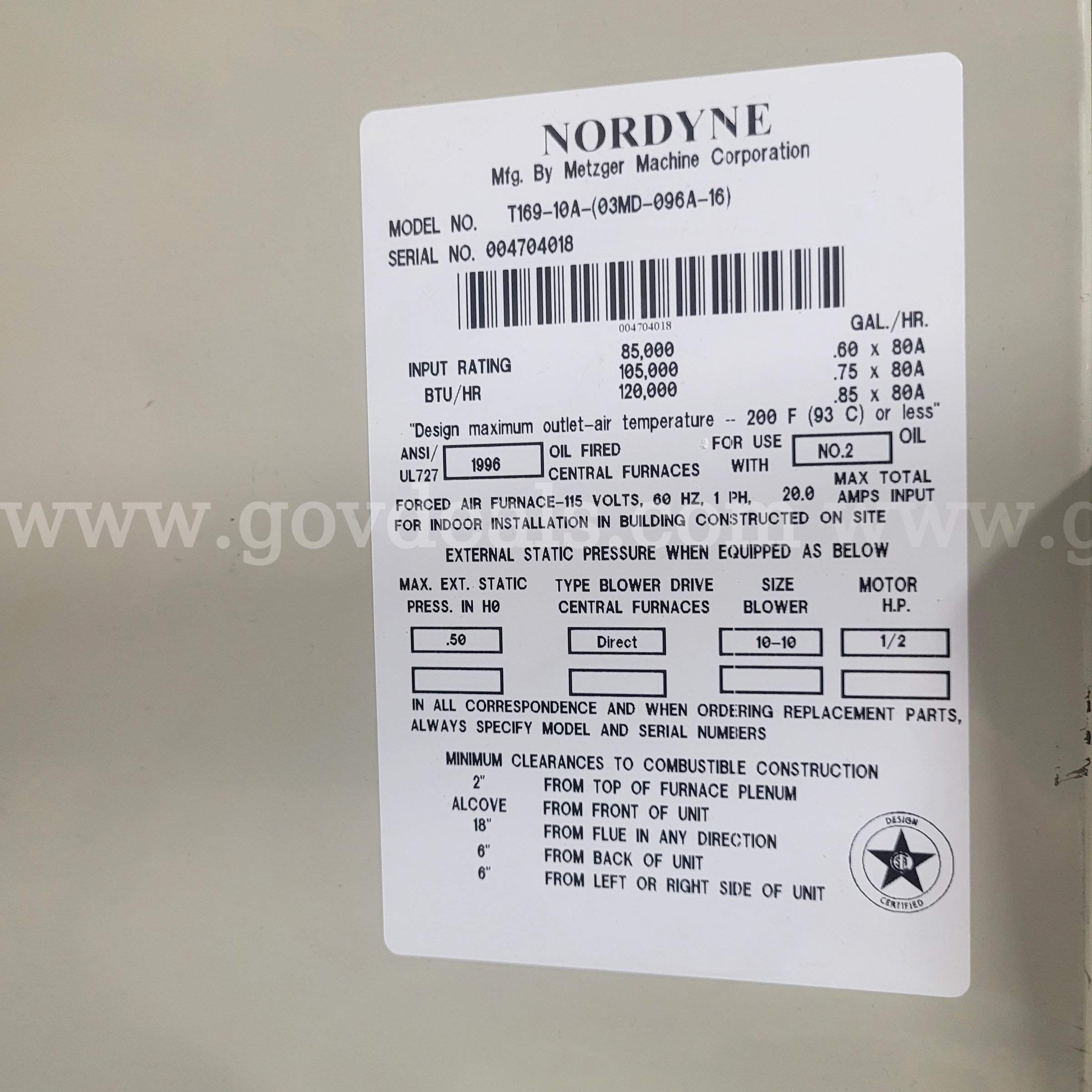 Nordyne Forced Air #2 Fuel Oil Furnace Nordyne T169-10A-(03MD-096A-16) Government Surplus Auction - Photo #2