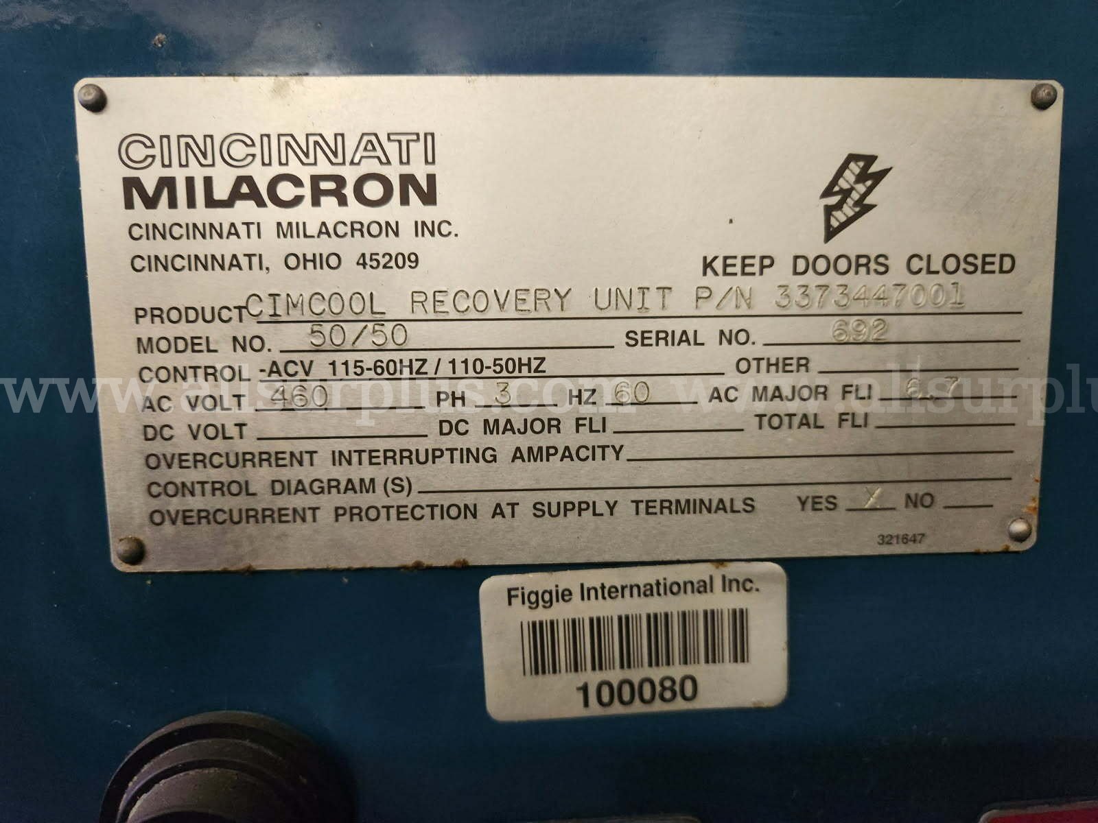 Cincinnatti Milacron 50/50 Cimcool Recovery Unit machine cutting and turning coolant vacuum pump   Government Surplus Auction - Photo #2
