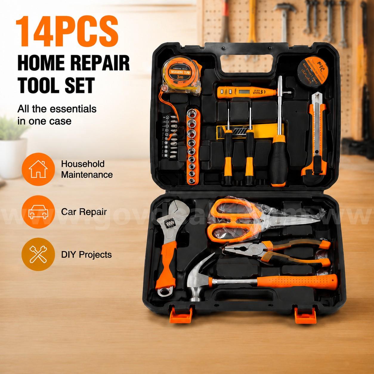 SHIPPING AVAILABLE New 14-Piece Household Tool Kit with Toolbox, Screwdrivers, Pliers, Hammer & Tape Measure (AA1-04)
