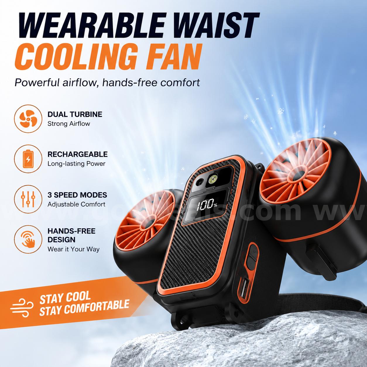 SHIPPING AVAILABLE Lot of 50 Portable Waist Fan with Dual Fans, 10000mAh Rechargeable Wearable Belt Clip Fan (AA-03)