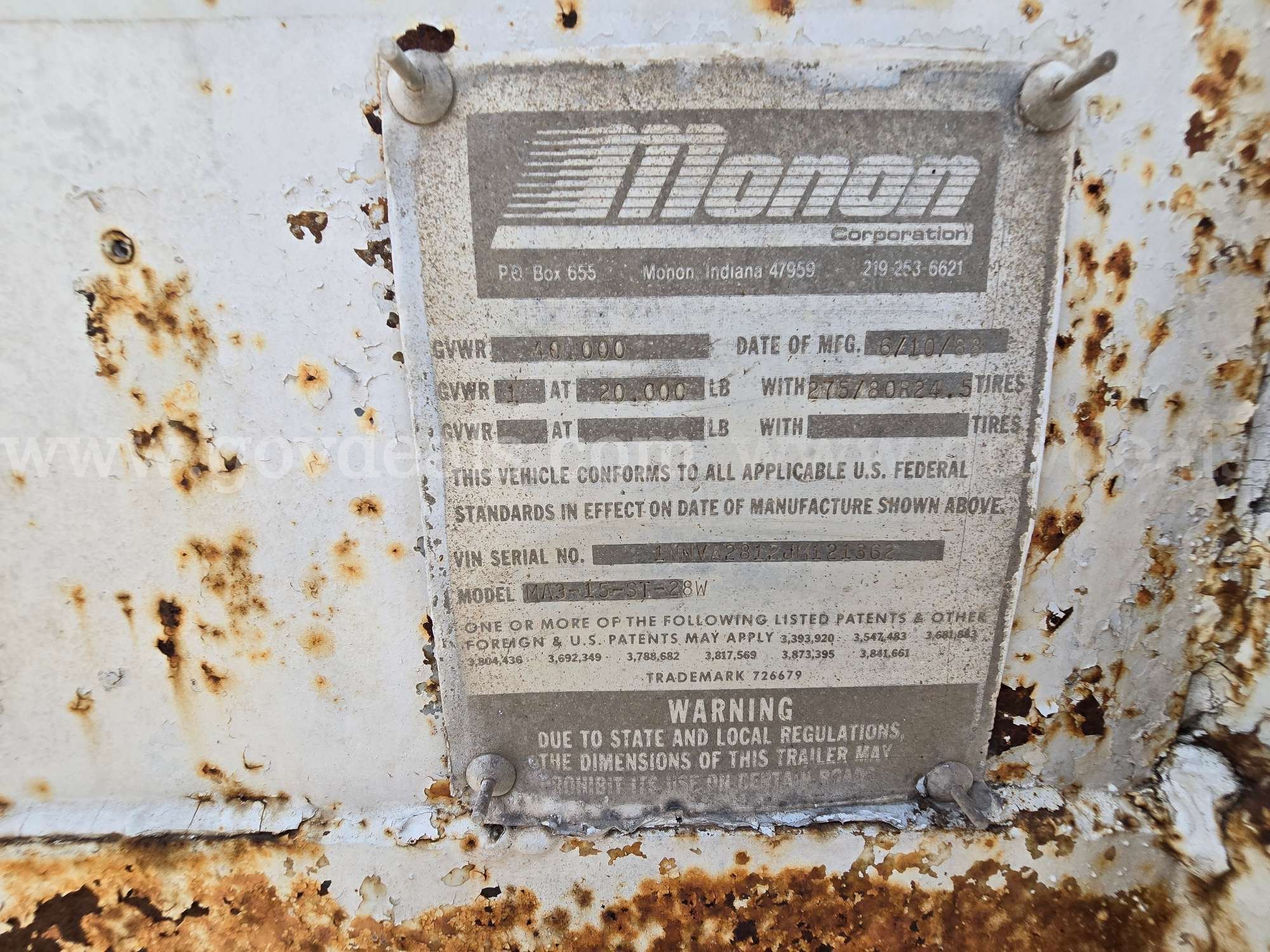 1988 Monon MA3-15-ST-28W S/A Van Trailer Monon MA3-15-ST-28W Government Surplus Auction - Photo #5
