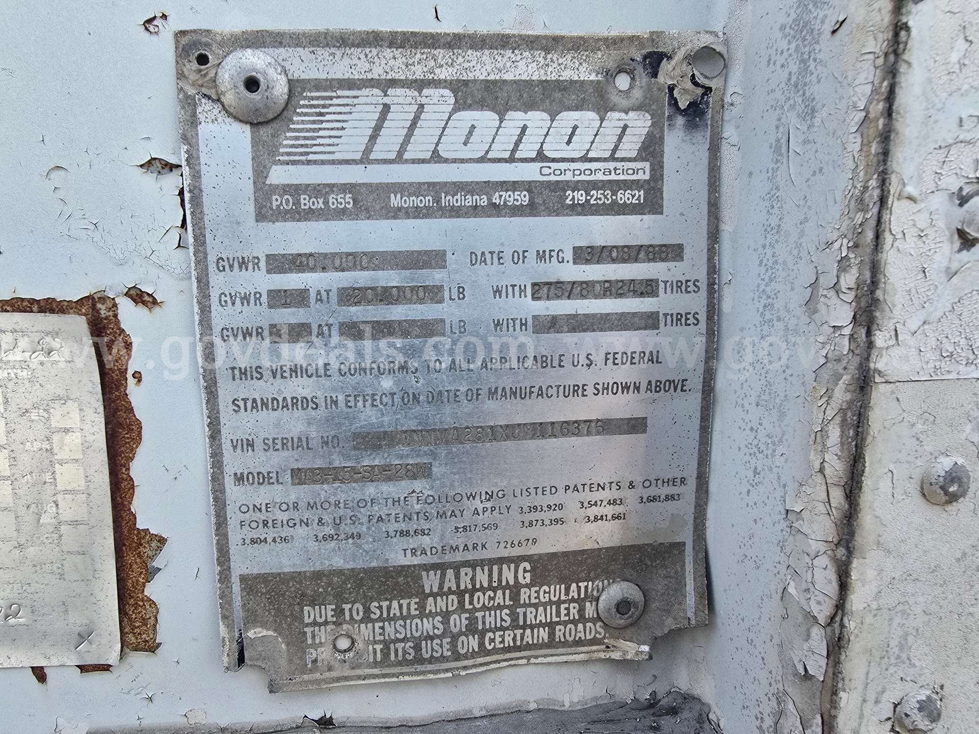 1988 Monon MA3-15-SA-28W S\A Van Trailer Monon MA3-15-SA-28W Government Surplus Auction - Photo #5