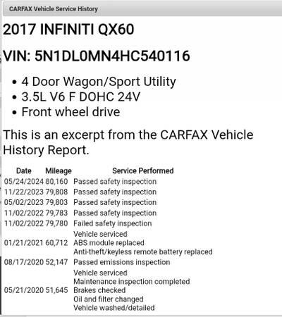 2017 Infiniti QX60 SUV....MARYLAND INSPECTED !!! ONLY 80,165 MILES !!! Infiniti 165 Government Surplus Auction - Photo #6