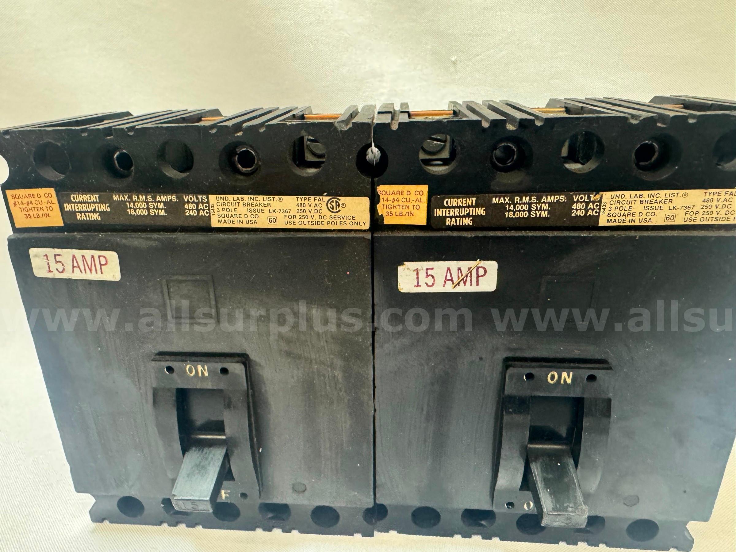 (LOT OF 2) SQUARE D FAL-34015 CIRCUIT BREAKER 15A TYPE FAL 3-POLE 480VAC  480VAC Government Surplus Auction - Photo #2