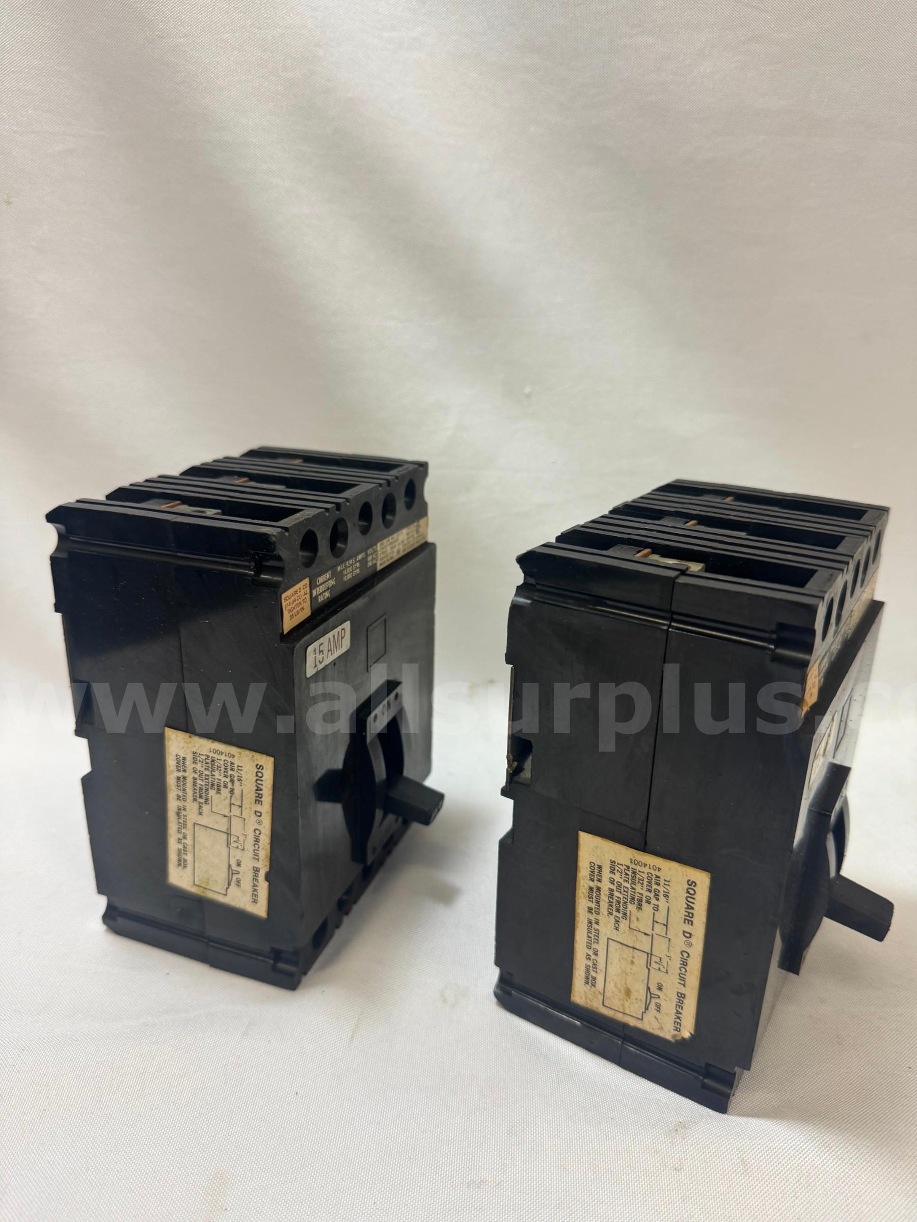 (LOT OF 2) SQUARE D FAL-34015 CIRCUIT BREAKER 15A TYPE FAL 3-POLE 480VAC  480VAC Government Surplus Auction - Photo #3
