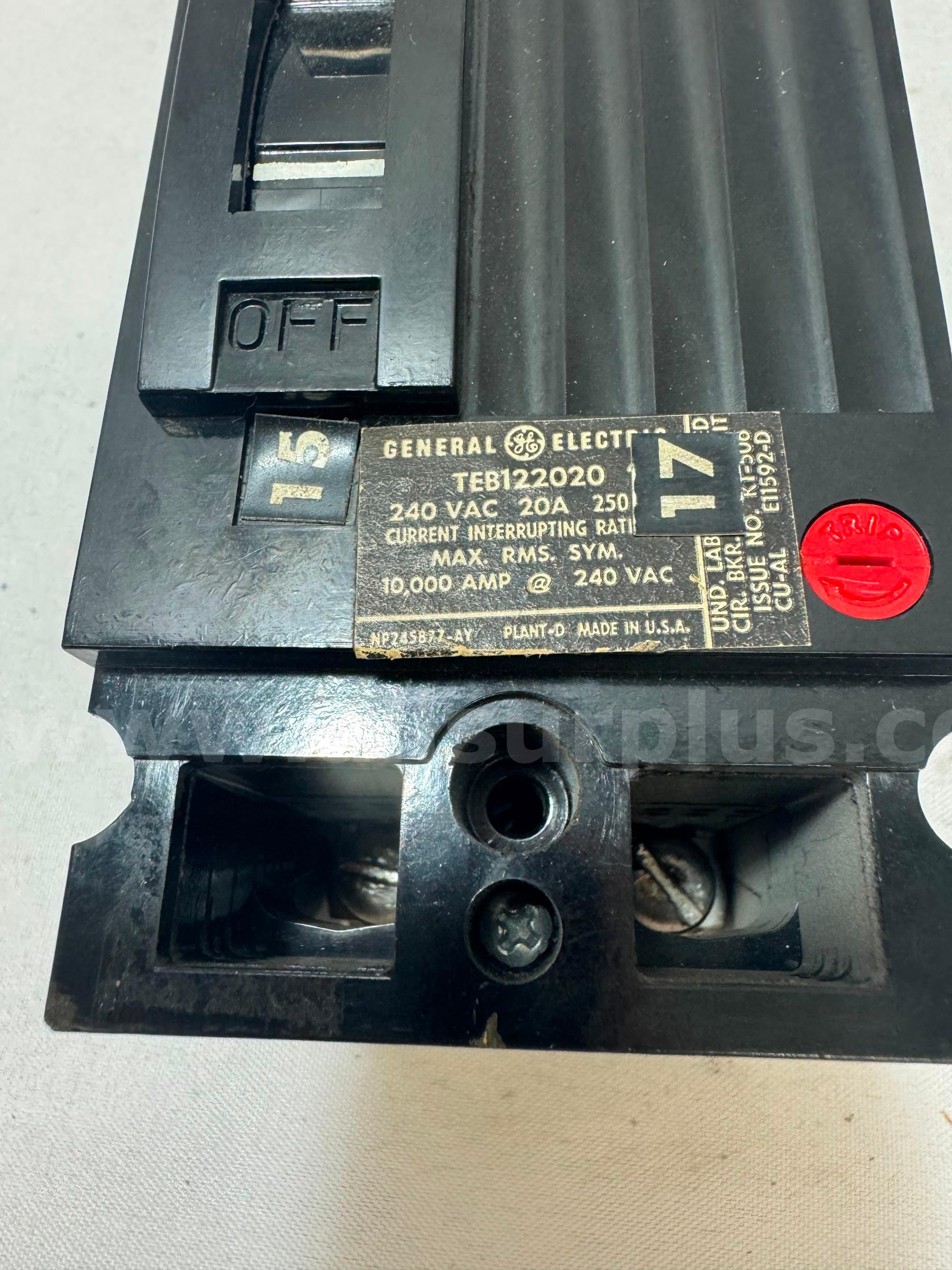 GENERAL ELECTRIC TEB122020 CIRCUIT BREAKER 20AMP 2-POLE 240VAC  240VAC Government Surplus Auction - Photo #6
