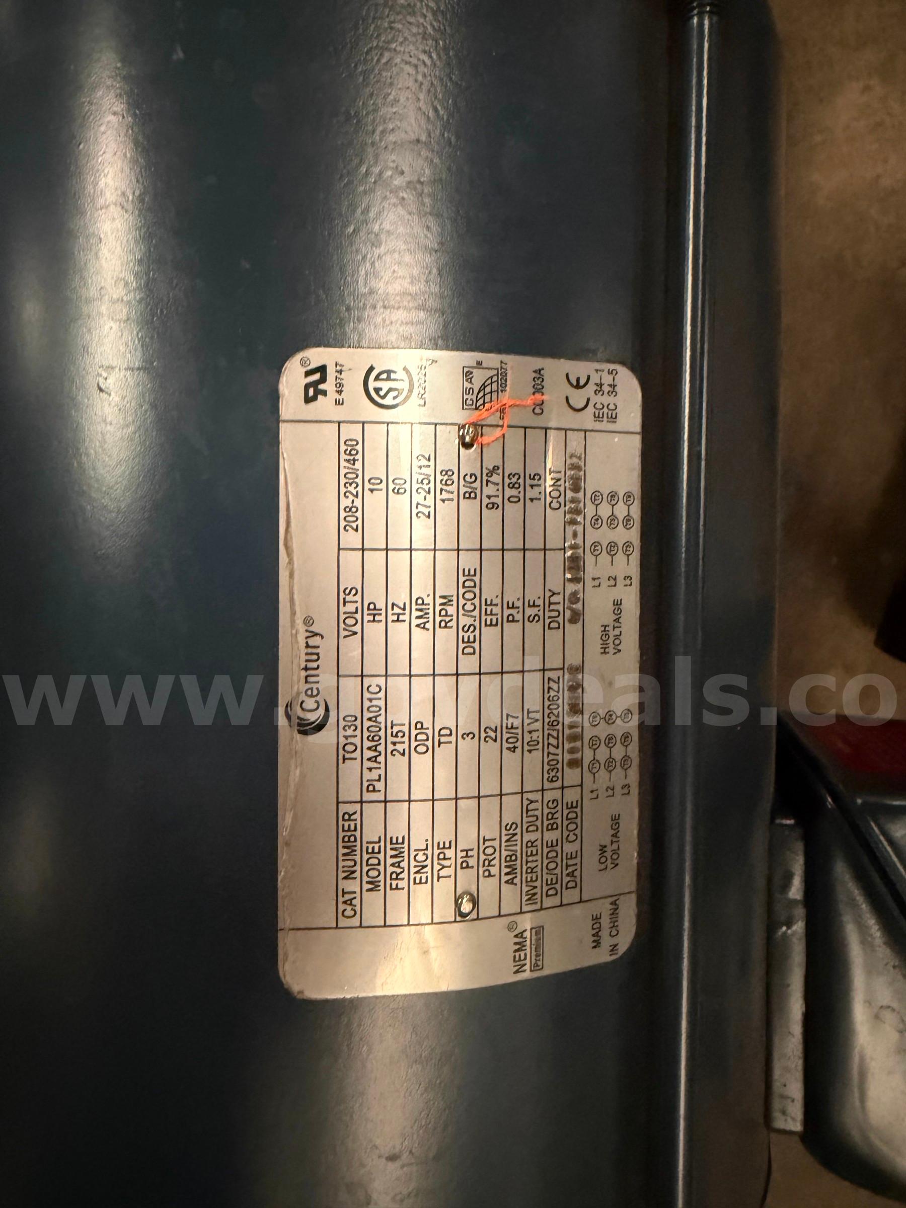 Century 3 phase 10 h.p. electric motor Century PL1AA60A1C Government Surplus Auction - Photo #2