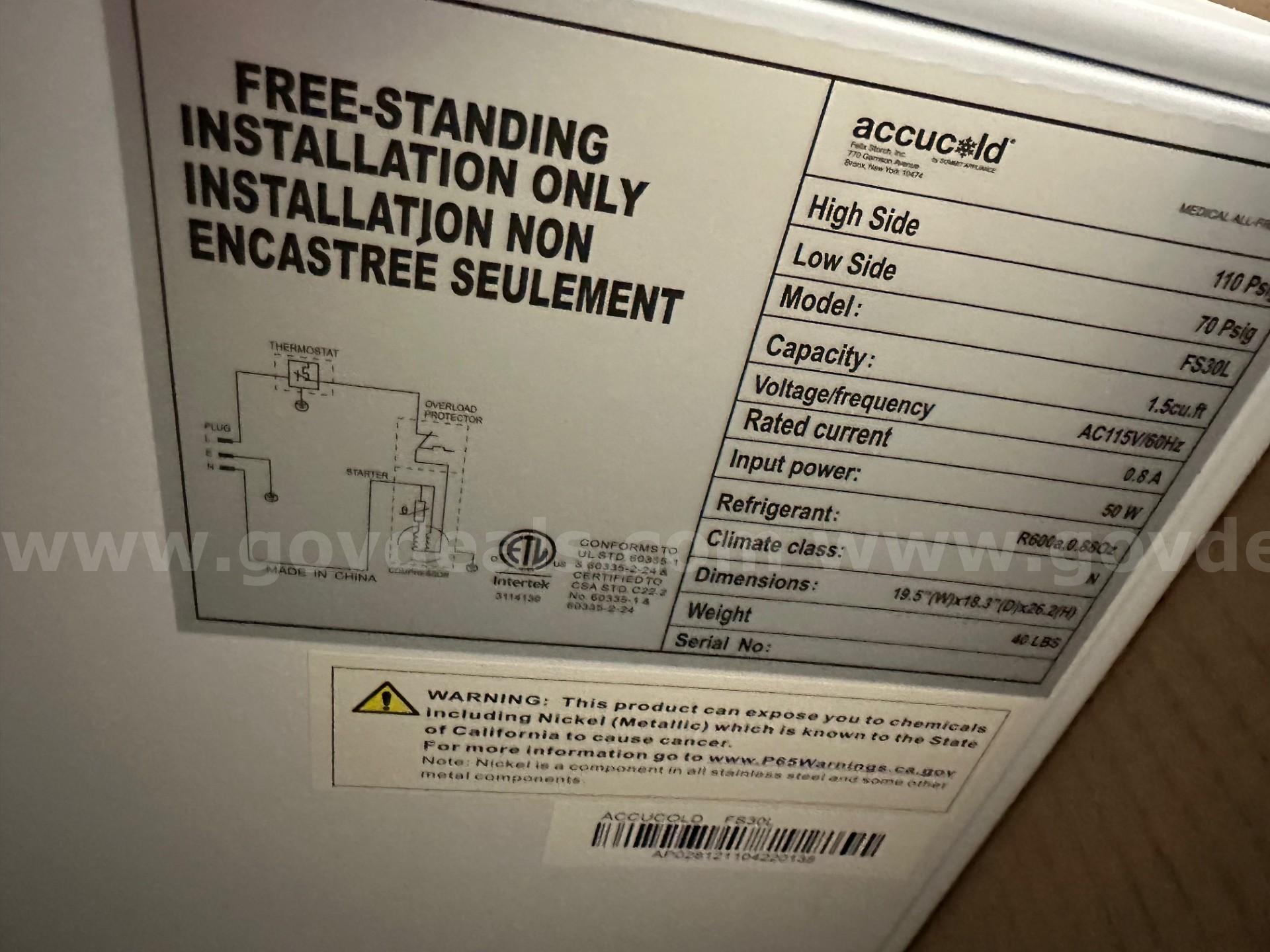 NEW Accucold Medical Compact All-Freezer Accucold FS30L Government Surplus Auction - Photo #2