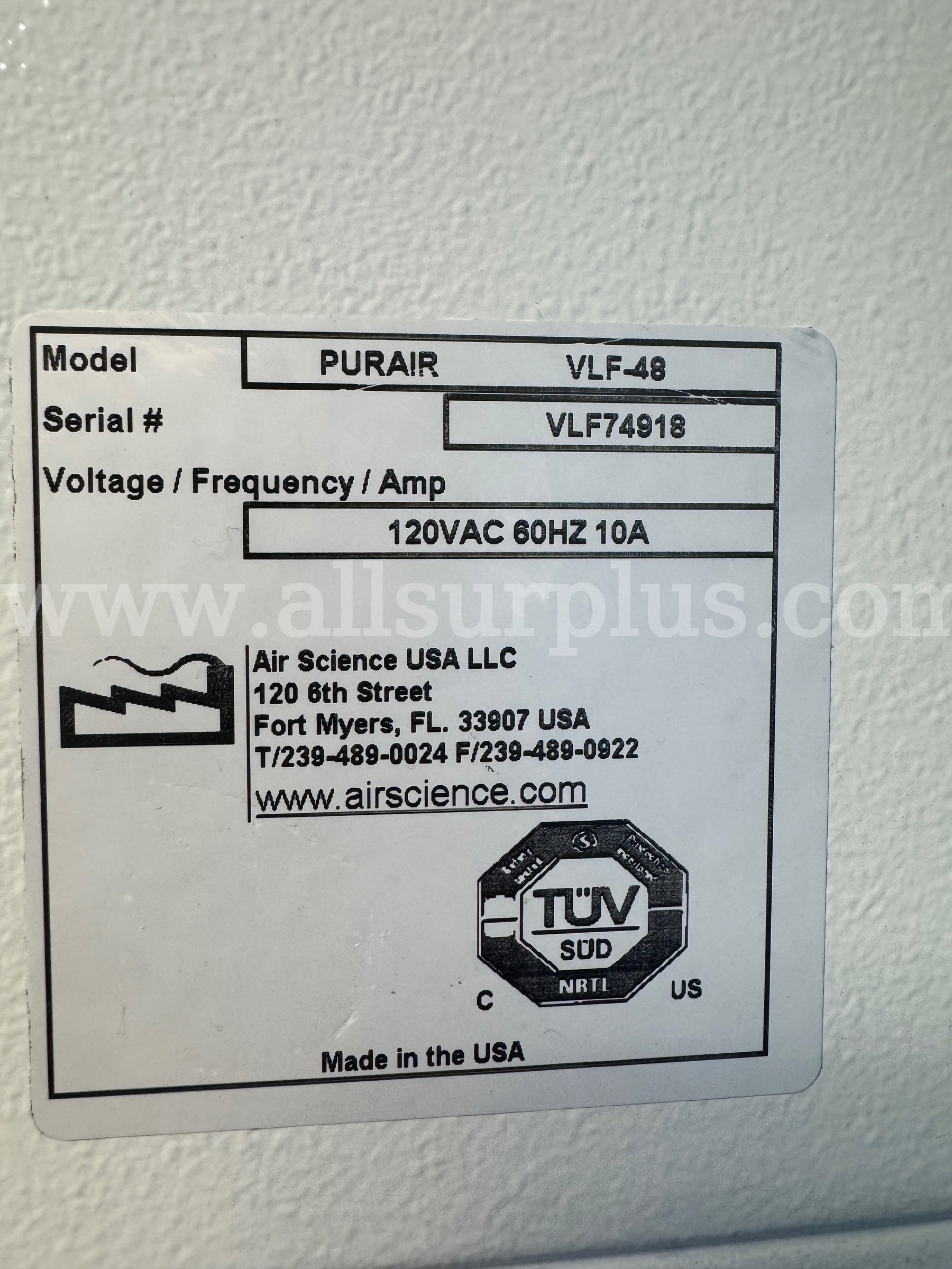 Air Science Purair VLF-48 Vertical Laminar Flow Cabinet / Clean Bench Air Science USA LLC VLF-48 Government Surplus Auction - Photo #3