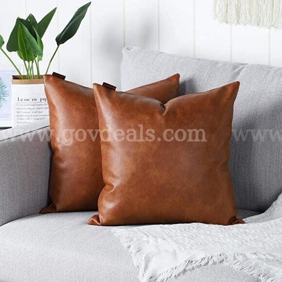 LOT OF 2 BOXES OF 20 (TOTAL OF 40 PCS) Faux Leather Decorative Throw Pillow Covers Modern Outdoor Color TAN NIB   Government Surplus Auction - Primary Photo
