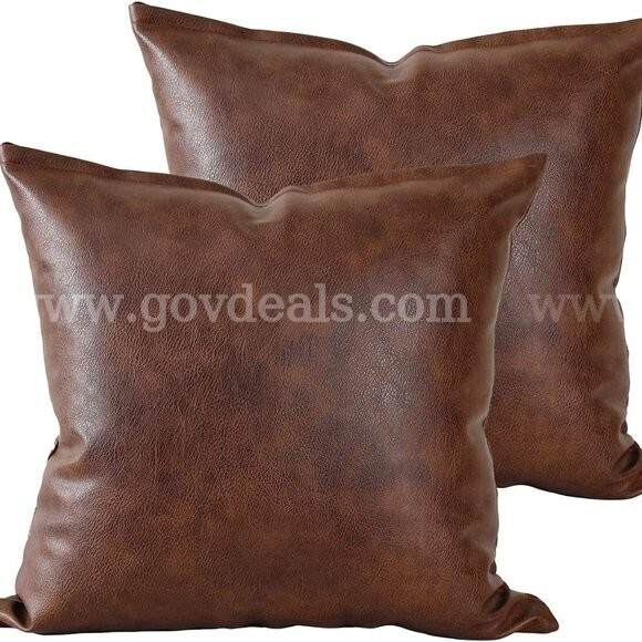 LOT OF 2 BOXES OF 20 (TOTAL OF 40 PCS) Faux Leather Decorative Throw Pillow Covers Modern Outdoor Color DARK BROWN NIB   Government Surplus Auction - Primary Photo